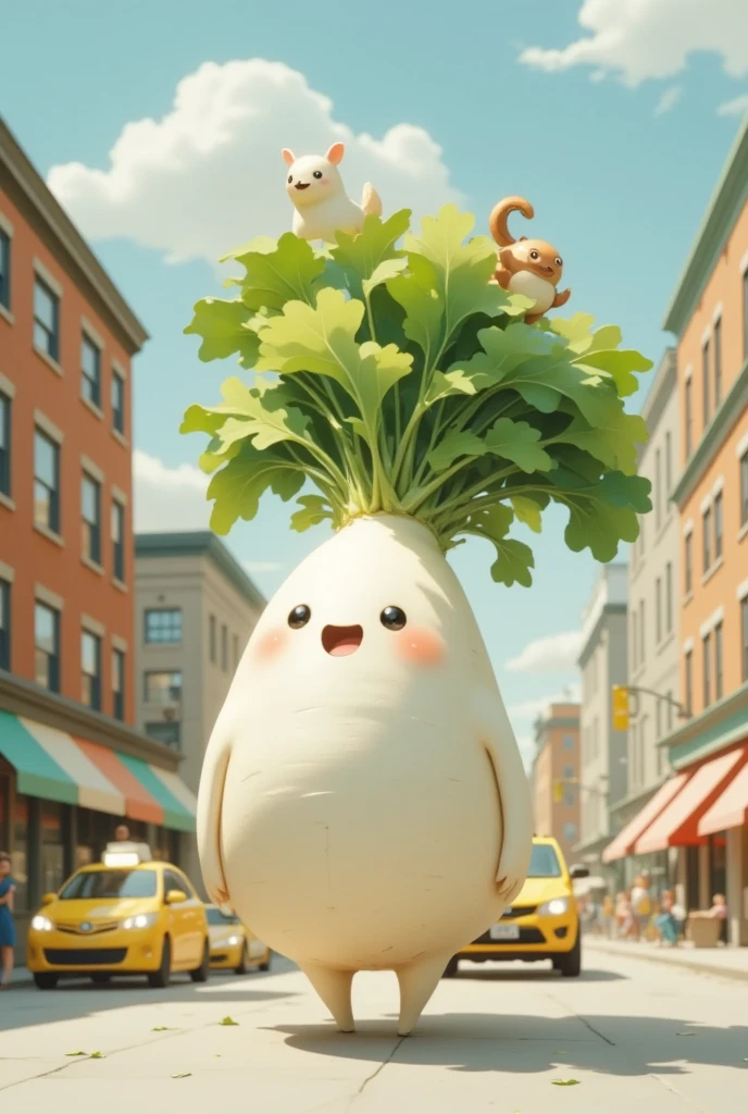 Create a futuristic sci-fi themed poster featuring a "super cute DAIKON character" envisioned as a defender of the galaxy. This Japanese white radish has sleek, metallic limbs that shine with a hint of neon, signifying advanced technology. The daikon's face is both endearing and heroic, with holographic features displaying data in a visually striking manner. In the background, a sprawling cityscape with towering skyscrapers and flying vehicles suggests an advanced civilization. The palette consists of cool blues, deep purples, and flashes of bright neon. The poster's style draws inspiration from classic sci-fi movies, with intricate mechanical details and a sense of movement. The title, "DAIKON: Guardian of the Cosmos," is rendered in a futuristic font, with glowing accents that give a sense of urgency and adventure.