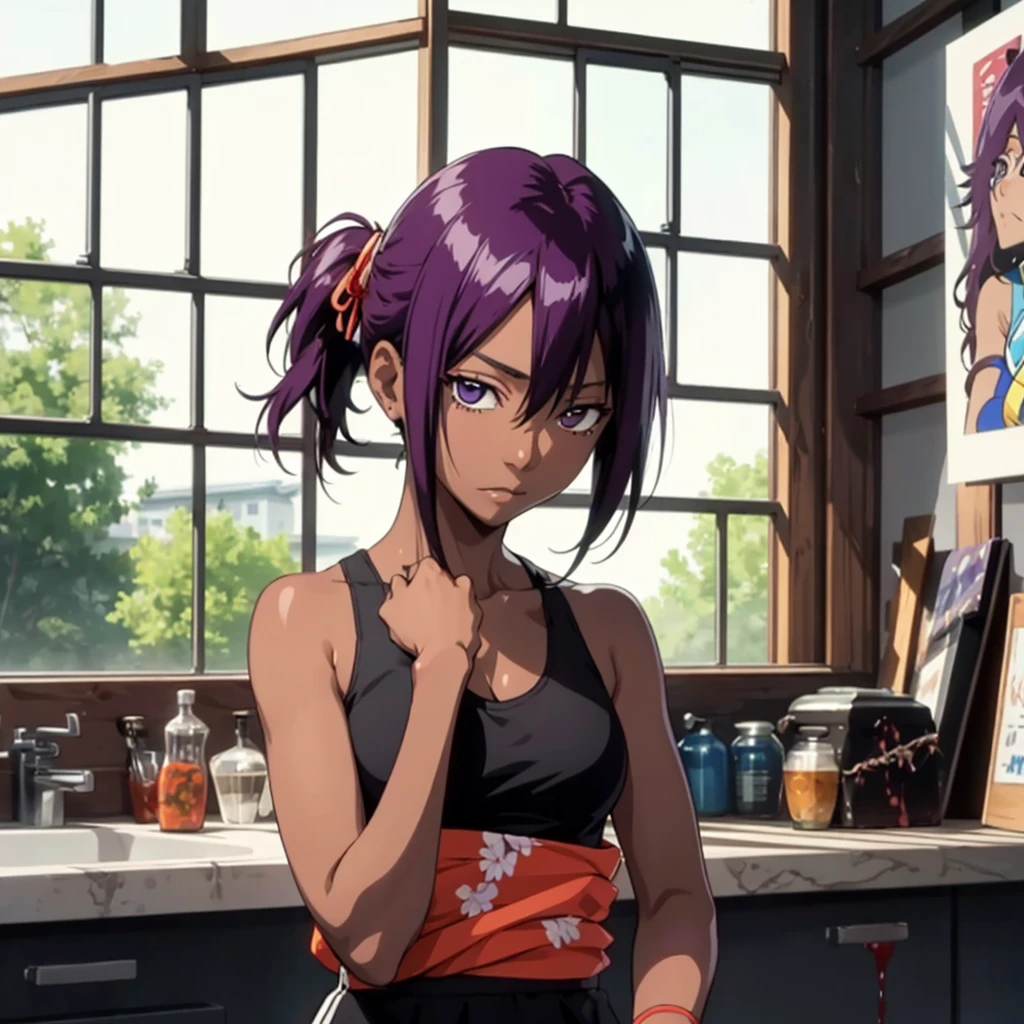 1 female, Yoichi Shiho-in , Black skin , Long dark purple hair,  ponytails bleeding from the vagina, (( Detail Eyes:1.2)), Wear tank tops ,  sexy, Functional,  sleeveless,  Underbob , masterpiece,  best quality,  best quality,  Official Art, beautiful、And aesthetic :1.2),  extremely detailed,  colorful , HIGHEST DEFINITION 