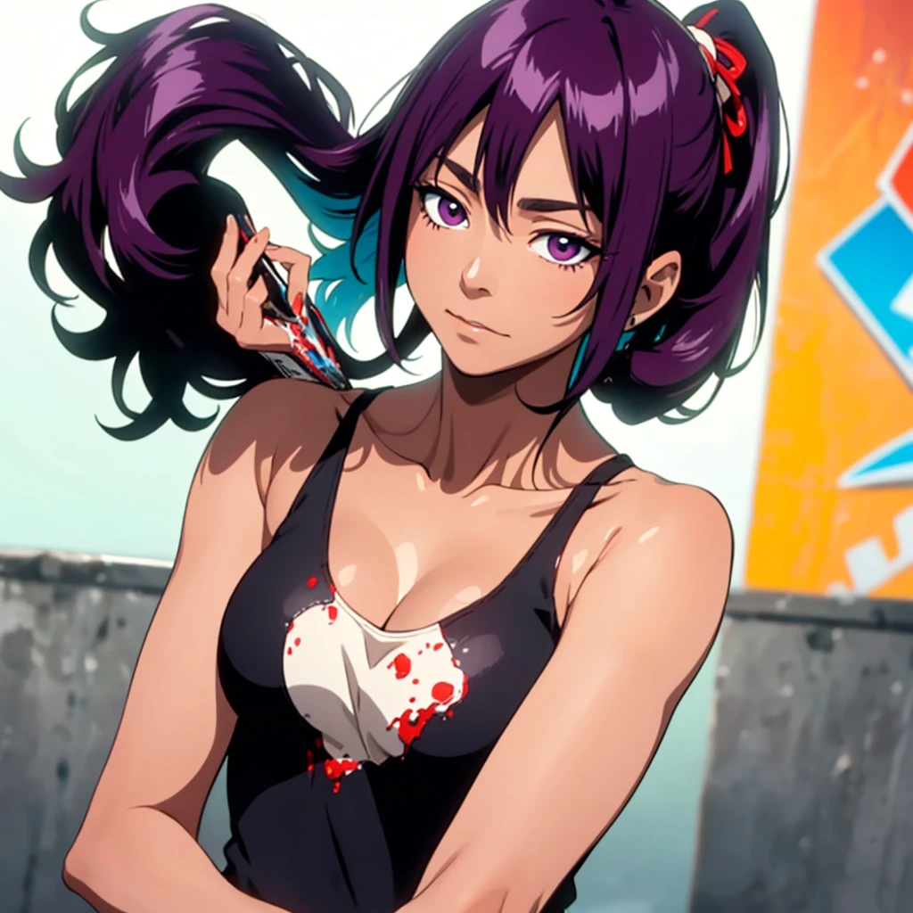 1 female, Yoichi Shiho-in , Black skin , Long dark purple hair,  ponytails bleeding from the vagina, (( Detail Eyes:1.2)), Wear tank tops ,  sexy, Functional,  sleeveless,  Underbob , masterpiece,  best quality,  best quality,  Official Art, beautiful、And aesthetic :1.2),  extremely detailed,  colorful , HIGHEST DEFINITION 