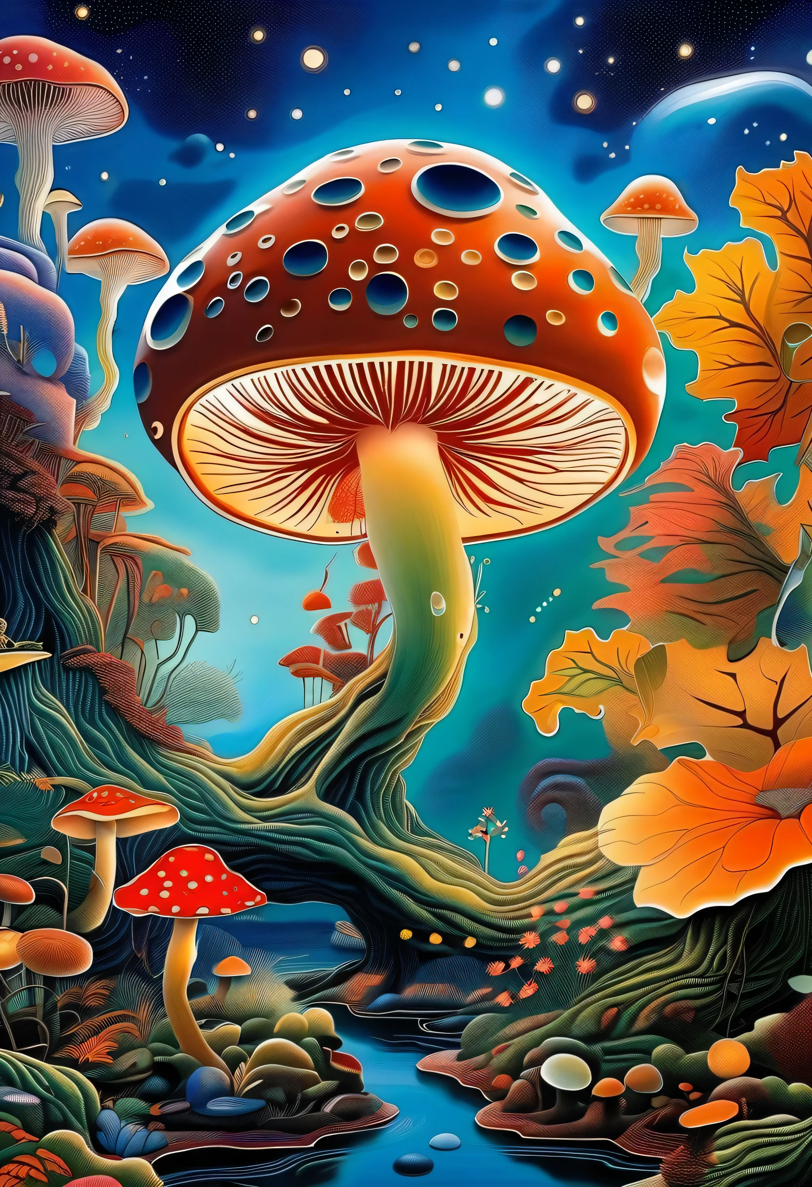 複数のinflammationの要素の強力な視覚的融合,prominence,Home:1.4、mushroom、Star、autumn leaves、inflammation、powder、 with a visor , autistic spectrum disorder 々 depicting the inner world ,密集Potilism Method 、Smooth Lines、 Surreal、Strange Illustration 、Potilism Method 、 Trypophobia 、Strong contrast。、 greatest masterpiece