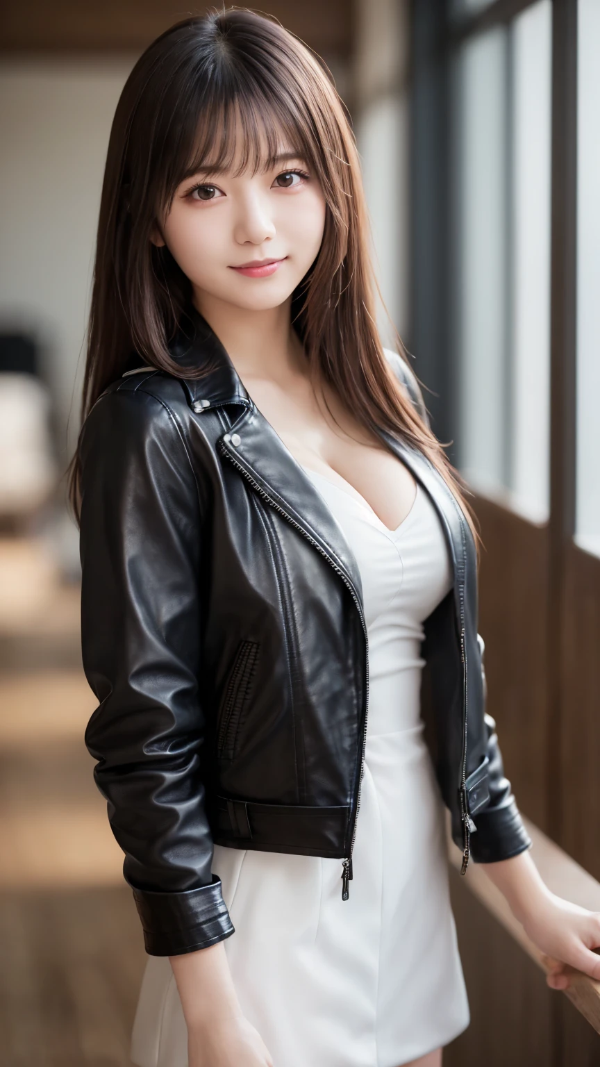 (Leather jacket : 1.4), beautiful目, Idol, Feminine dark hair , ( Delicate and realistic hair, 1 1 Realistic Hair), bangs,  natural colored lips, smile, ((white indoor)), indoor, ( 18 year old female  : 1. 2),  young and adorable Japanese face,  Official Art,  high definition  CG Unity 8k 壁紙, (masterpiece: 1.0) , ( best quality: 1. 0), ( best quality: 1. 0), Ultra  high definition ,4K, Very detailed,  Photos Volume Unlocked ,8k, NFFS, high definition , Kodak Portrait 400, Film Grain, lens flare グロー, best quality,8k, NFFS:1. 2),  as a portrait shot,8k, Show viewer , ((masterpiece)), (( best quality)), ( super detailed), ((cute)), (Nice), (( sexy)), (( Very detailedな)), (detailed clothing features), 4K, (8k), (beautiful), Illustration, beautiful日本人の女性, ((1 female)), beautiful black hair, (Long Hair:1.2), ((beautiful eyes)),  lens flare, (((Front View))), ((facing))、(Bold Cleavage : 1.3)