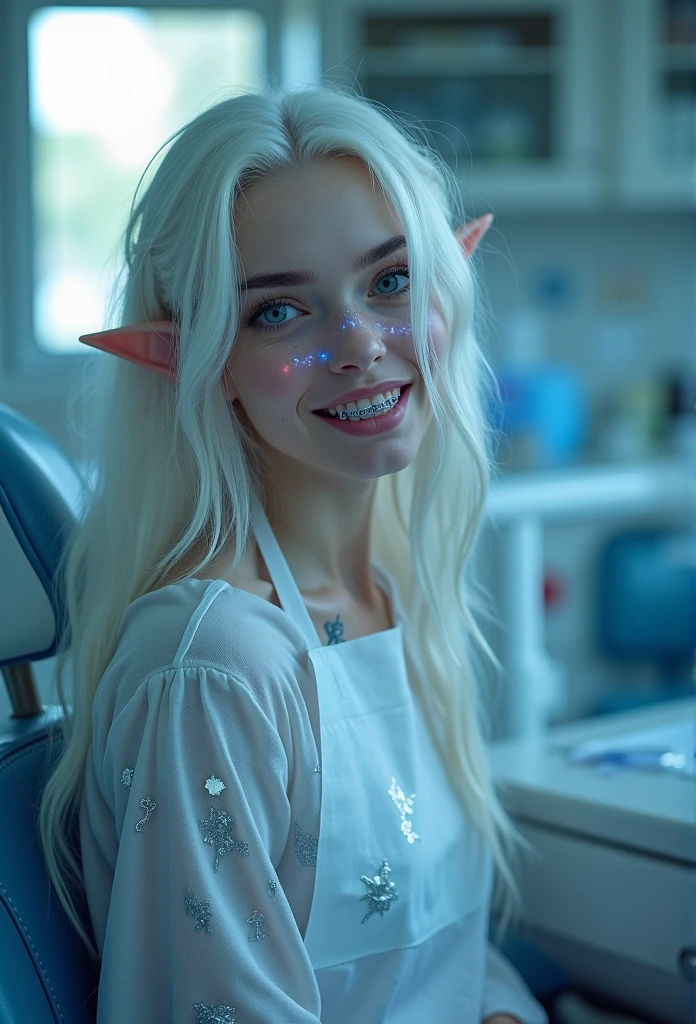 ((masterpiece)) ((photography)) ((Highest quality)) Hyper-realistic, extremely detailed, low-angle shot at 45°, medium shot with no digital noise. A mystical fairy elf with a slender, ethereal build, long flowing white hair, and glowing blue eyes ((looking directly at the camera with a wide smile)), ((revealing braces on her teeth)). She wears a dentist’s bib under her chin, adding a whimsical touch to her elegant appearance. Her body is adorned with intricate tattoos of ancient Elvish runes glowing softly in silver. The scene is set in a dentist's clinic, complete with characteristic dental equipment and furniture in the background. The lighting emphasizes her ethereal features, enhancing the magical yet humorous atmosphere. 