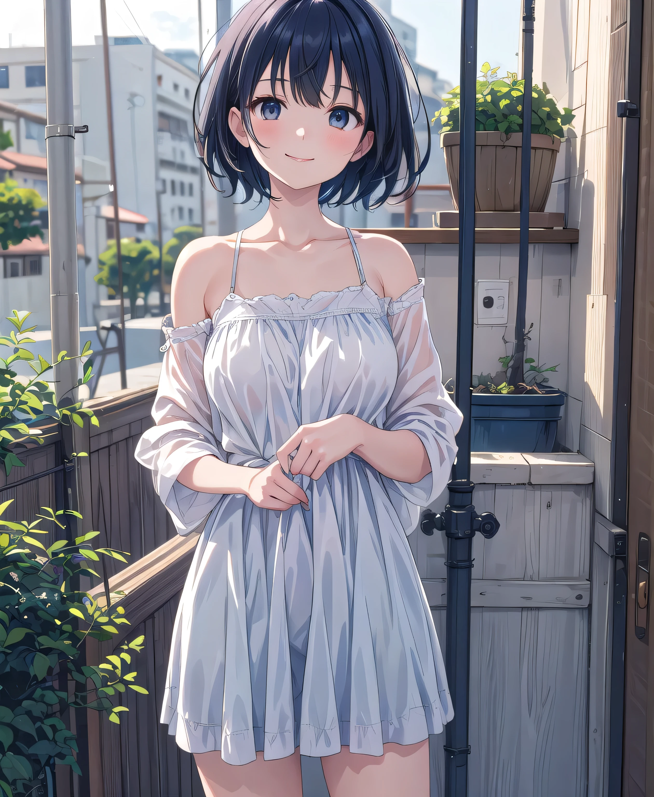 Best Quality, Beautiful woman, Short Hair, Fragile smile , Beautiful World , High-quality images, neat and clean clothes, clothes dark blue ,