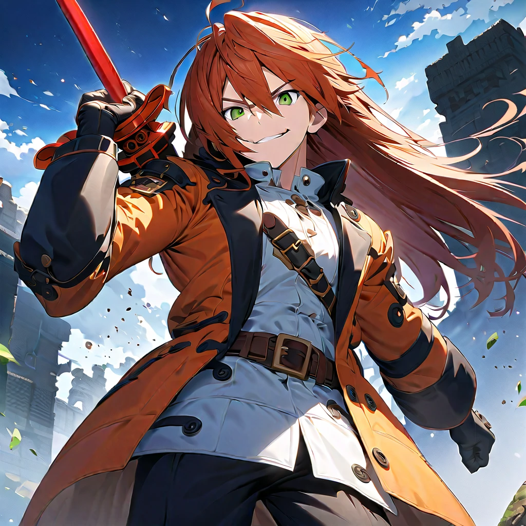 GUILTY GEAR, {{{{{Illustration of a person}}}}, {{{ orange battle coat}}}, Orange and black outfit ,  Dark Orange Hair,  Dark Brand Hair ,  straight hair, 36k image quality ,  long bangs  , Shut your mouth.,  smirk, ４０Old man,  handsome, Thin Green Eyes ,  Official Art、  best quality、  Unity 8K Wallpaper 、32K、masterpiece、 super detailed, Male nose, Male Eyes  , Male outline  , {{{ carrying a large red sword }}}, Fighting in the old battlefield ,  acrobatic poses,