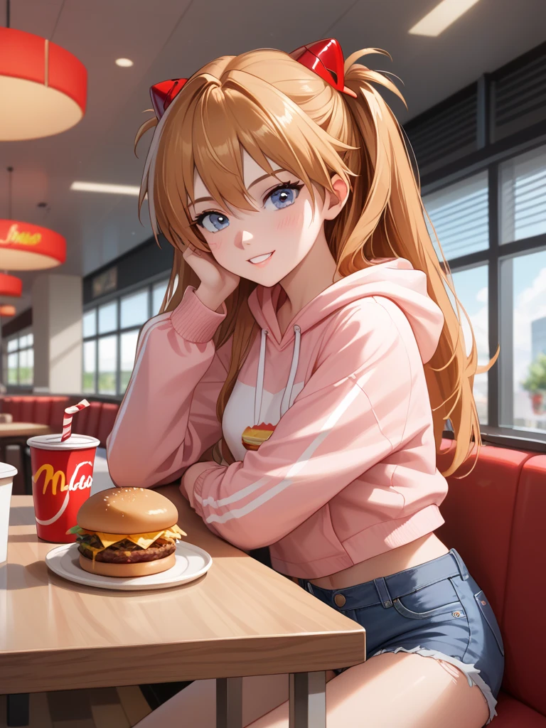 A lively McDonald’s restaurant scene, featuring a cute anime-style girl in casual attire enjoying a hamburger. She is sitting at a bright, modern table, wearing a light pink hoodie and denim shorts, with her hair tied in a playful ponytail. Her cheerful expression shows her delight as she takes a bite of the burger. A tray with a cup of soda and a small packet of fries is placed on the table. The background features other customers, soft lighting, and iconic McDonald’s branding elements like the golden arches and red accents. The atmosphere is warm, vibrant, and inviting. Rendered in 8K ultra-high resolution, with extremely detailed anime art style,

score_9,score_8_up,score_7_up,source_anime,masterpiece,best quality,absurdres,highres,very aesthetic,ray_tracing,
1girl,beautiful face,
souryuu_asuka_langley,bodysuit,