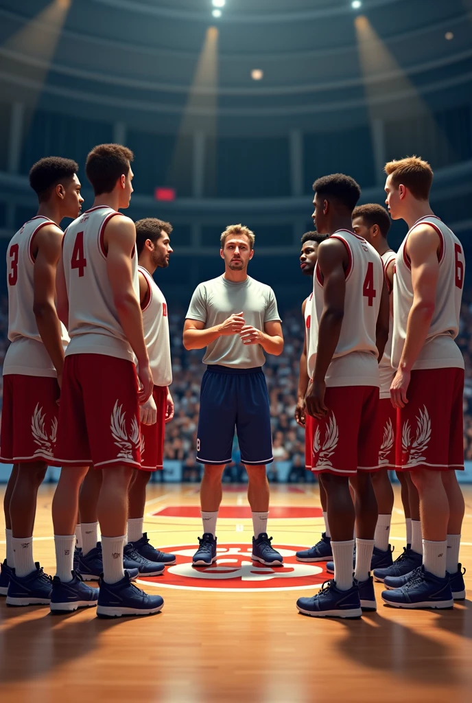 Players sitting on the bench during a timeout, receiving instructions from the coach.