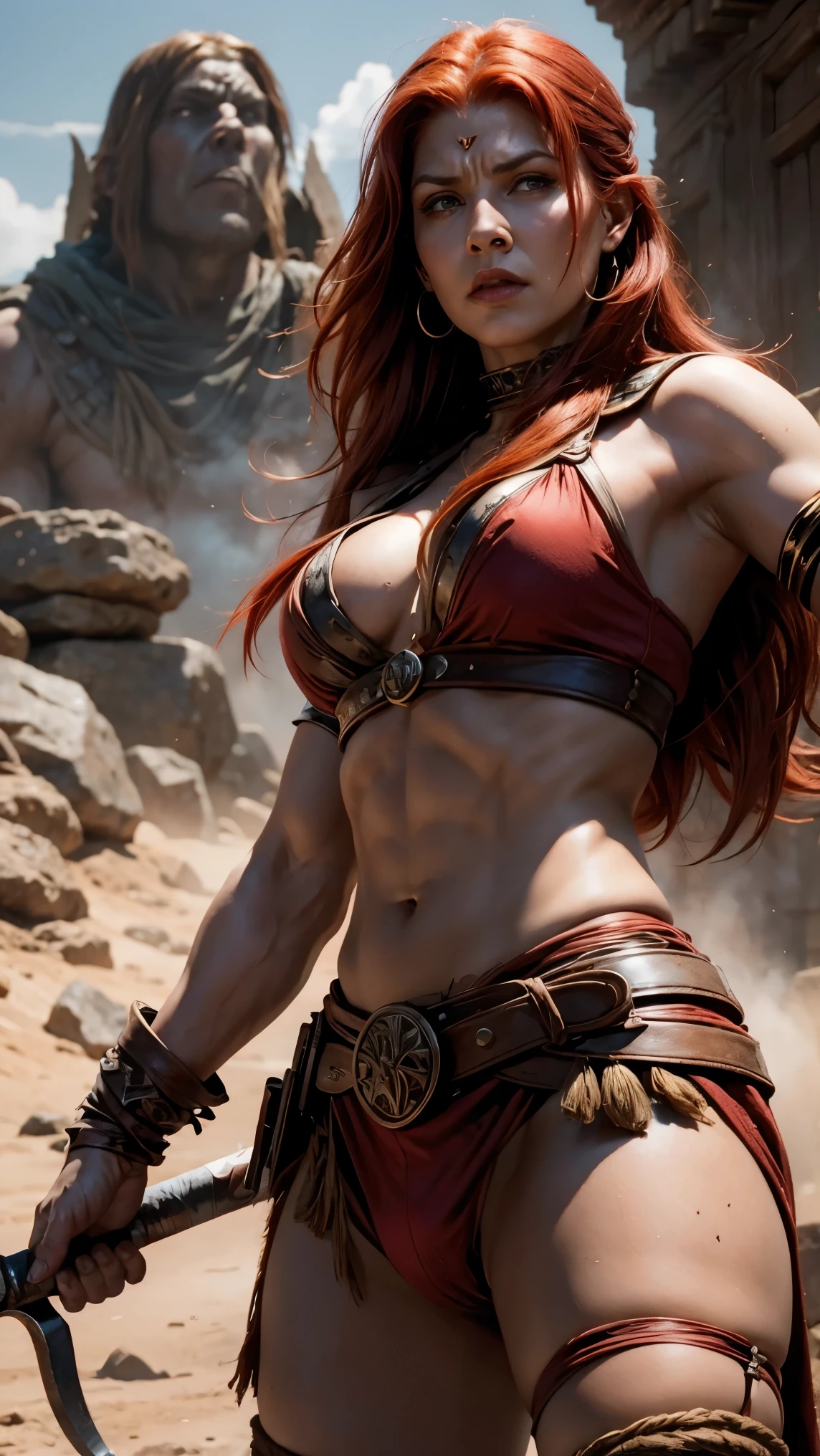 Conan and Red Sonja in a Cimmerian village in an epic battle scene, com o aparecimento de personagens inspirados nos quadrinhos.