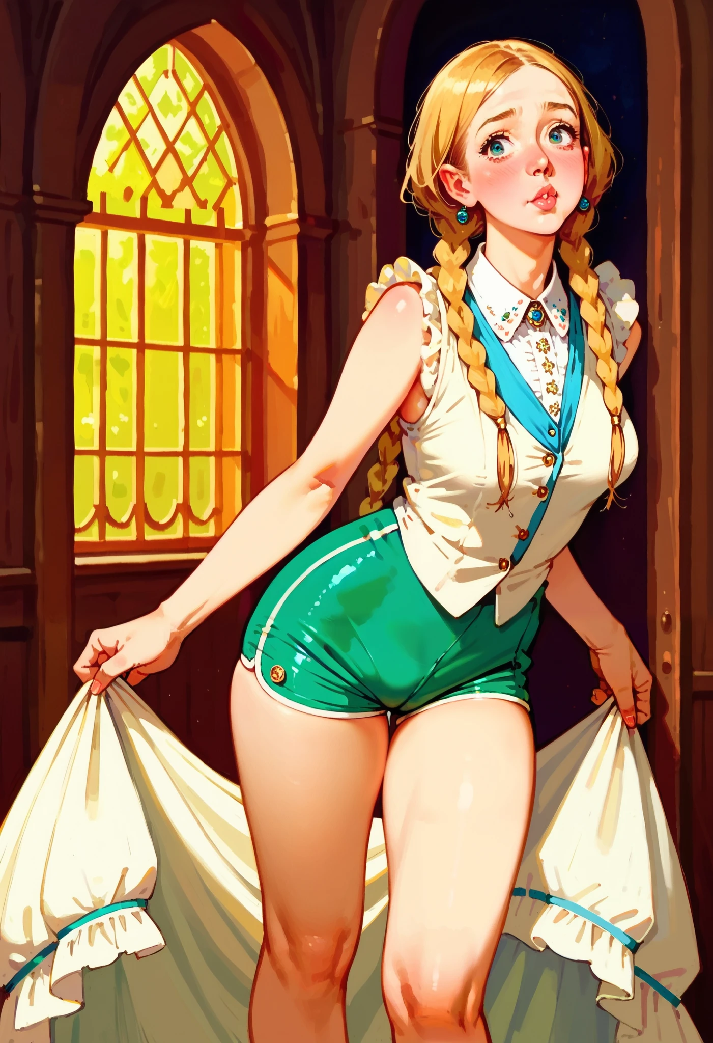 (skinny girl:1.2), (long elegant face:1.4), (large nose:1.2), (very detailed face expression:1.2), blonde braids, small head, white vest, green compression shorts, at a wooden cozy mansion, narrow hips, tight thigh high socks, large puffy lips, blushing cheeks , saggy breasts,  small (belly_overhang:0.9), bare feet, (art by norman rockwell), (from behind:1.3)