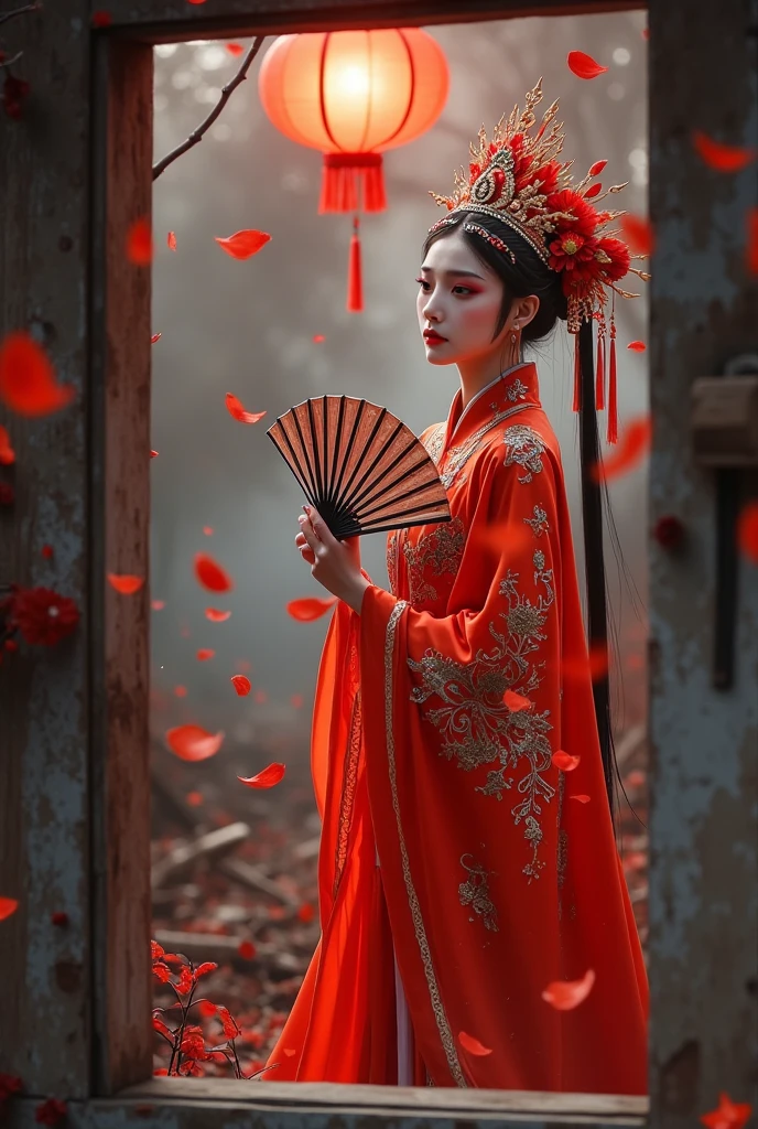 Seen from the window， in a Chinese red opera costume、Beautiful flower demon wearing a crown,  Chinese horror，tassel，Female performer ，Zigzoku，Folding fan，The scary Chinese Yuan Festival，Halloween，old and dilapidated red lantern，Body movements，动态Vague残影，red petals falling from the air（Vague）