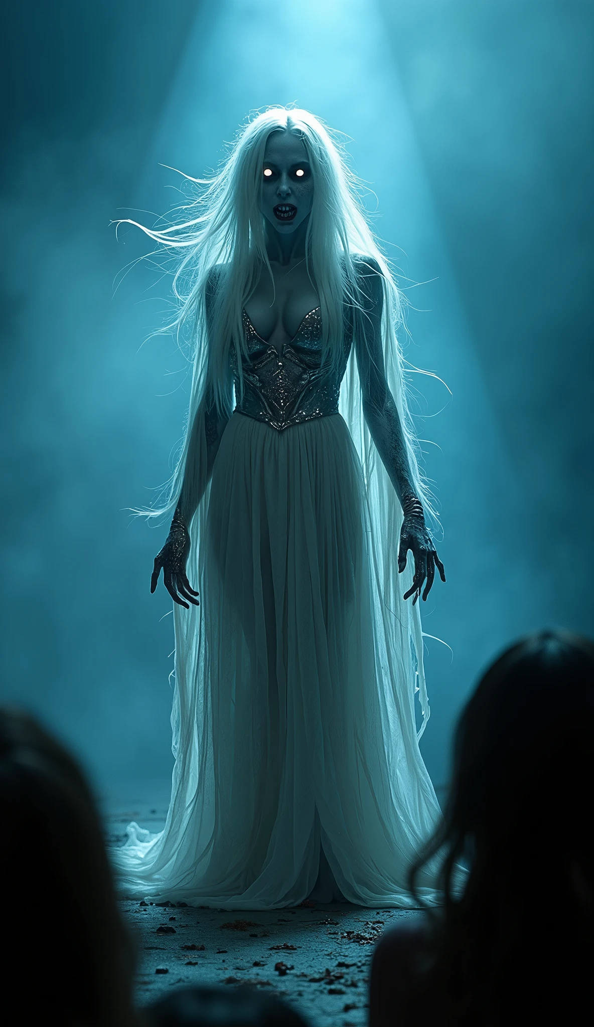 dynamic motion shot of a Indonesian women ghost, pale white skin,long Celtic white braided hair,with a face of Alien creature-octopus look like with many tentacles. the background is inside a wrecked spaceship control room. lit from behind with a neon limegreen industrial lamp,dark, illuminated by bluish neon lights. candid. 