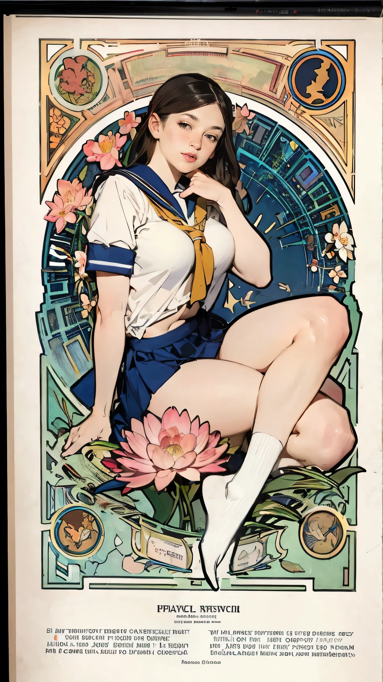  (masterpiece, Highest quality),Takato Yamamoto Style、Mucha style、Art Deco、Mandala、Tangled、Fractal Art、twist、Vibrant colors,colorful, Highest quality, Amazing details, Anatomically correct, Line art, ((Solo Girl))、(Pussy), (tits),(Nipples),  (Black Hair),(Thighs),(Big Breasts)、Perfect Style, (School long sleeve sailor uniform、Navy Blue Skirt)、Sit with your legs apart、squat、Showing off pussy、Open clothes,White socks、your、Browsing Caution,  throw, simple background,Money_background,