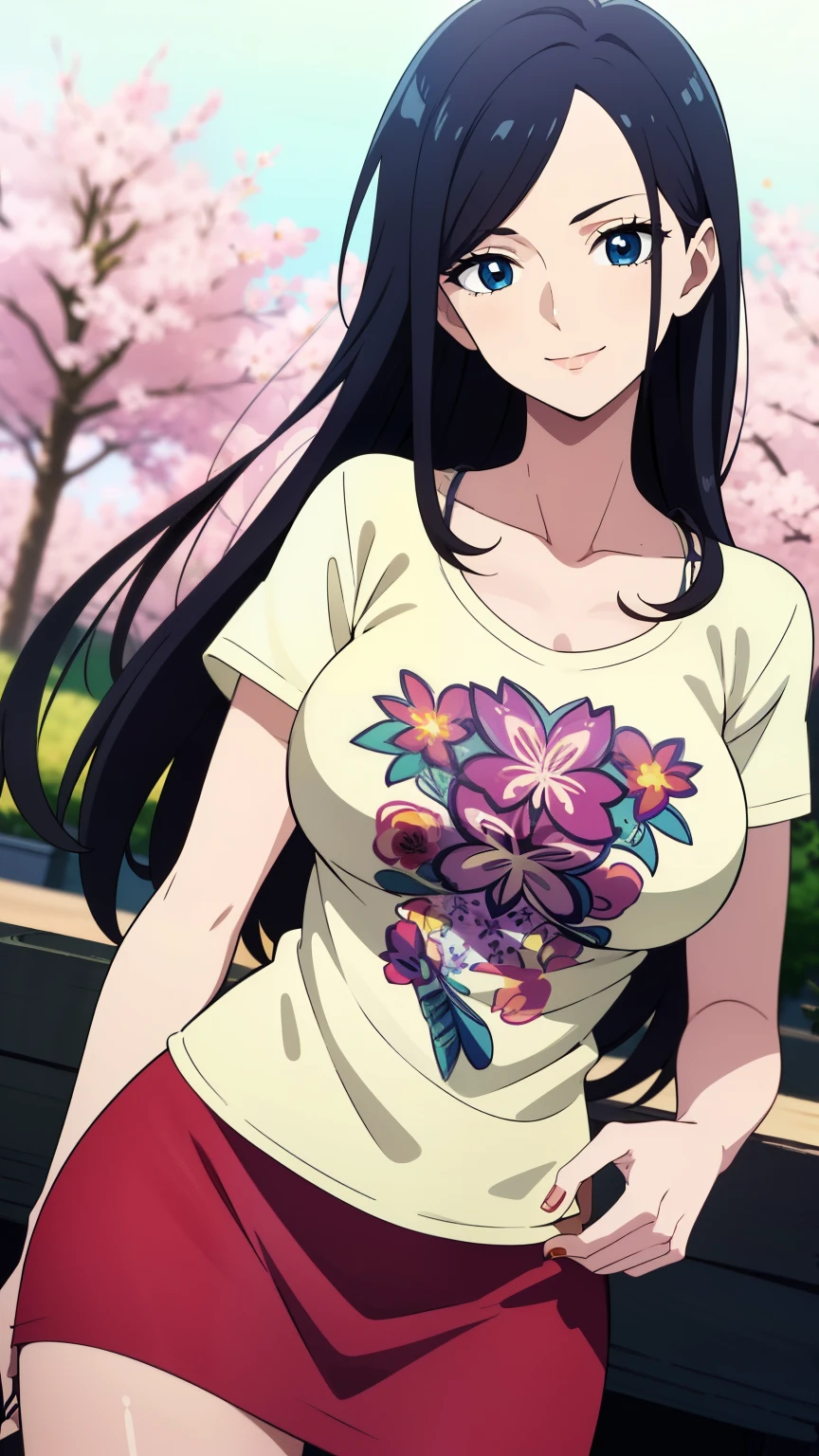 (masterpiece, best quality, high resolution, 8K:1.2), anime coloring, mature woman, 30 years old, (mature face:1.6), woman with long black hair, big medium breasts, calm and collected, happy expression and laughing, soft look, Very detailed, very detailed, perfect face, beautiful eyes, perfect eyes, detailed eyes, perfect hands, feature large highlight, detailed face, ultra-detailed, detailed eyes, symmetrical eyes, ((Floral T-shirt:1.2), collarbone, mini skirt, park, smile), (cowboy shot:1.4), dutch angle, looking at viewer,
