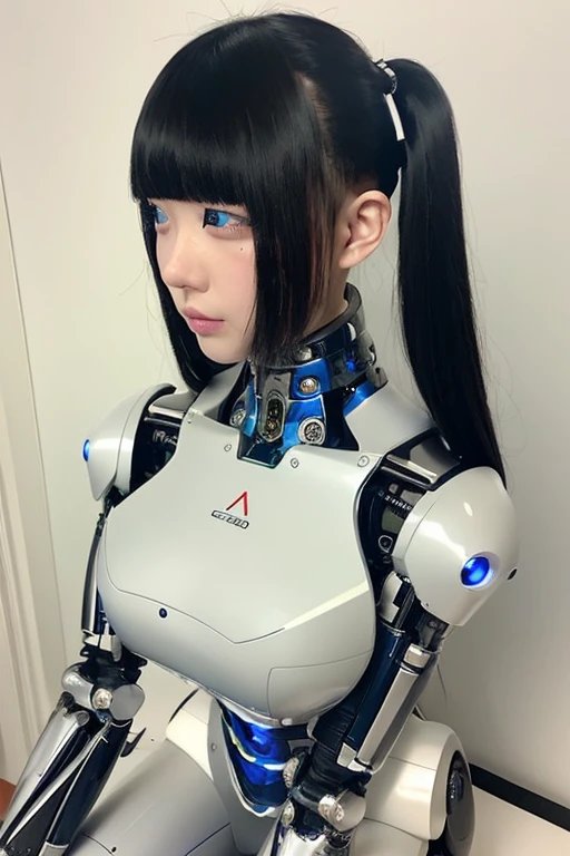 masterpiece, best quality, extremely detailed,  Japaese Cyborg girl,Plump , control panels,android,Droid,Mechanical Hand, Robot arms and legs, Black Robot Parts,Black hair,Mechanical body,Blunt bangs,White robotics parts,perfect robot girl,long tube,thick cable connected her neck,ceramic body ,mechanical body, mechanical ear cover, mechanical costume,android,robot,humanoid,cyborg,japanese android woman ,mechanical chest,blue eyes,future laboratory,connecting a cable between the legs,