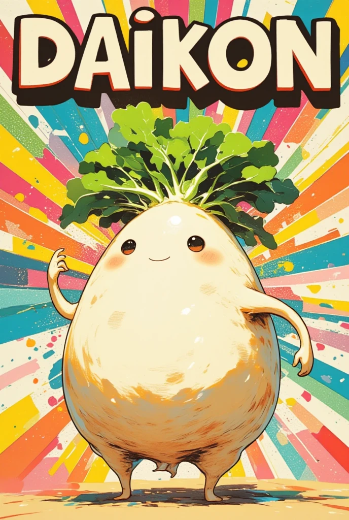 Create a futuristic sci-fi themed poster featuring a "super cute DAIKON character" envisioned as a defender of the galaxy. This Japanese white radish has sleek, metallic limbs that shine with a hint of neon, signifying advanced technology. The daikon's face is both endearing and heroic, with holographic features displaying data in a visually striking manner. In the background, a sprawling cityscape with towering skyscrapers and flying vehicles suggests an advanced civilization. The palette consists of cool blues, deep purples, and flashes of bright neon. The poster's style draws inspiration from classic sci-fi movies, with intricate mechanical details and a sense of movement. The title, "DAIKON: Guardian of the Cosmos," is rendered in a futuristic font, with glowing accents that give a sense of urgency and adventure.