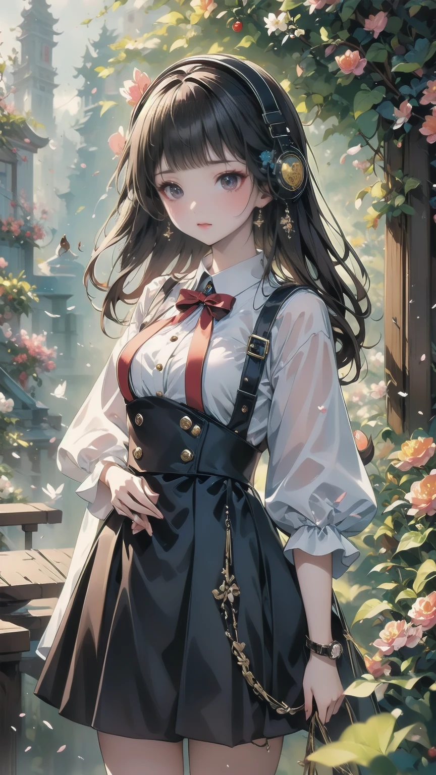 sparrow,  dark-haired girl , ,  black skirt ,  Medium Hair ,  headphones ,  because I get used to &#39;thin, Teen,  Serious Face ,  Japanese High School Girls. She is sitting at a shrine,cherry blossoms,cherry blossoms並木,Long Hair,Glowing White Skin,Long Hair
