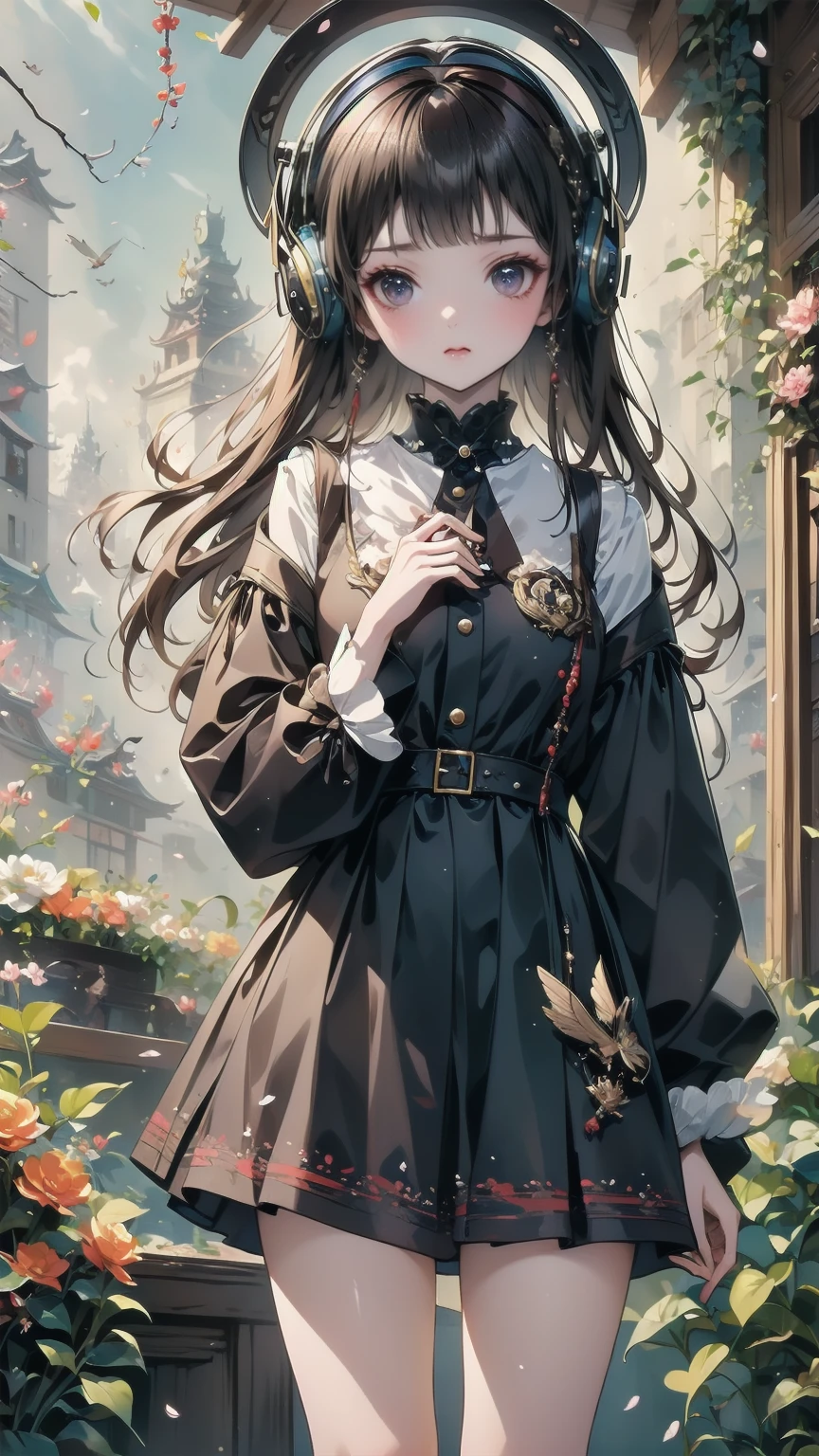 sparrow,  dark-haired girl , ,  black skirt ,  Medium Hair ,  headphones ,  because I get used to &#39;thin, Teen,  Serious Face ,  Japanese High School Girls. She is sitting at a shrine,cherry blossoms,cherry blossoms並木,Long Hair,Glowing White Skin,Long Hair
