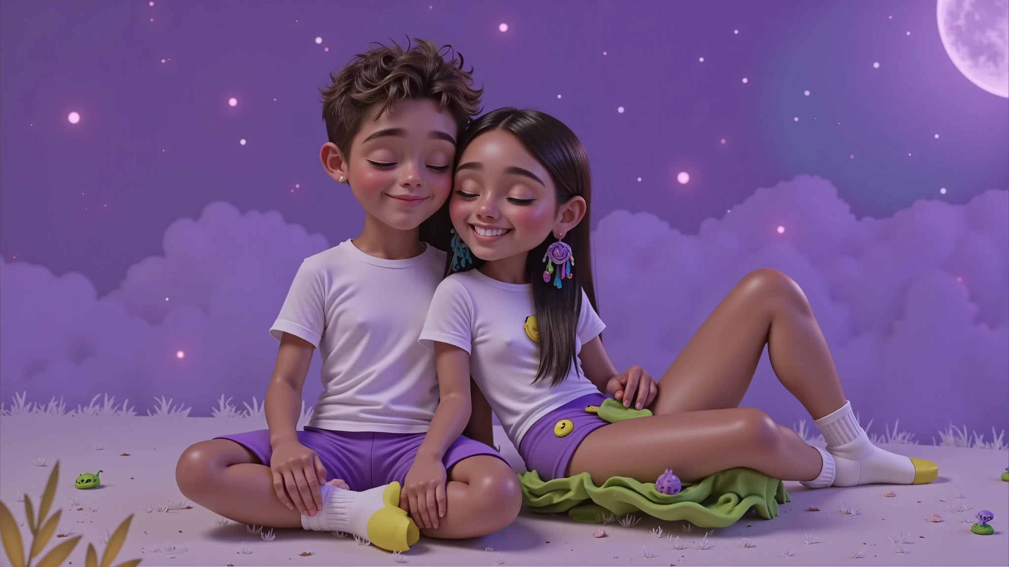 REFERENCE: DISNEY PIXAR 3D

CHARACTERS: BOY, , LIGHT BROWN, HAIR CUT SHORT ON THE SIDES AND CURLY ON TOP, WEARS A WHITE TSHIRT AND PURPLE PAJAMA PANTS WITH YELLOW ALIENS AND WHITE SOCKS, SLEEPING WITH HIS EYES CLOSED AND A SLIGHT SMILE. GIRL, , SLEEPING WITH HER EYES CLOSED, BEAUTIFUL, SENSUAL, ATTRACTIVE, BRAZILIAN INDIAN, LIGHT BROWN SKIN, LONG STRAIGHT BLACK HAIR, WEARING A COLORFUL SKIN AS AN EARRING, A WHITE TSHIRT AND A SHORT PURPLE SHORT WITH A YELLOW ALIENS THEME, VERY SHORT AND WHITE SOCKS.

SETTING: A SKY WITH STARS AND SHOOTING STARS with small details in lilac purple and blue

SCENE: THE COUPLE IS SITTING ON A WANING MOON, A PLAYFUL AND POETIC SCENE, AS IF IT WERE A DREAM, SHE LEAN HER HEAD ON THE BOY'S SHOULDER, THE BOY LEAN HIS HEAD ON HER HEAD.