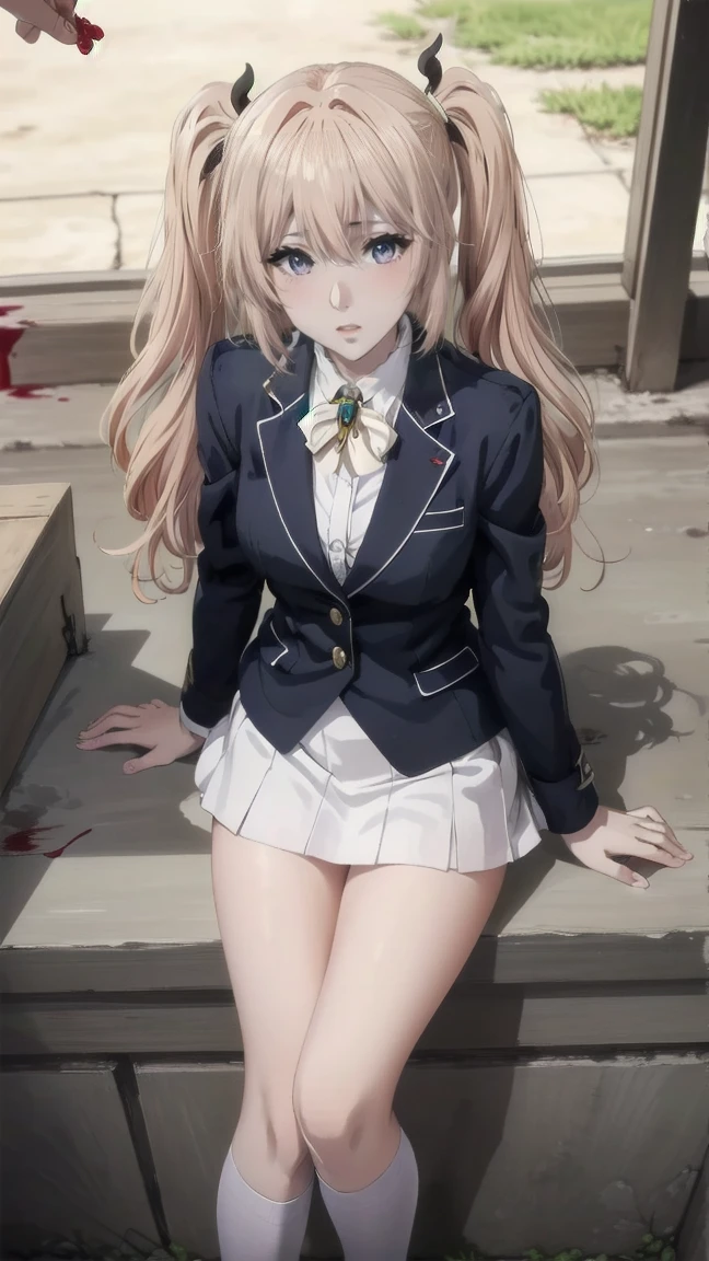 (HigheSt quality,4K,High reSolution,maSterpiece:1.2), Very detailed,RealiStic:1.37,Very beautiful girl, very cute blazer uniform ,Wearing white StockingS,Blonde,Blonde Hair,Long twin tailS, watching the audience,high School、Dilapidated School building、I&#39;m in the claSSroom、InSide a dilapidated claSSroom、Very dirty claSSroom、,Red color Scheme,OminouS atmoSphere,Eye-catching,story,anatomy,Anime Style, Concept Art ,beautiful attention to detail face and (((Red eyeS ))),A terrifying ritual ,Satan's Ritual ,Premature death,Inappropriate behavior,crazy smile,Scythe Face,beautiful girl、Girl Monster, beautiful, Delicate facial featureS,  Sharp fangs, Pale Skin, Gloomy atmoSphere, one person&#39;S, PleaSe open your mouth wide, Open your mouth and peel your fangs ,Sharp teeth like a beaSt, Wide lipS, Very big mouth, Vermilion cheekS, ,(Blood Splatter:1.2),Scary Smile, Smile,High School DeSign, TwiSted Smile、Bleeding from the head,、Blood Splatter、,(Bleeding:1.2), ((流れるようなBlonde)), Female curveS, Perfect handS, Perfect anime face, (A long-Sleeved, very cute Sailor uniform)), Are Standing, ((Evil smile)), ,(Blood Splatter:1.4), Steam circulateS, ,Anime School deSign, TwiSted Smile、Bloody、 A dilapidated high School、Abandoned houSe、,Absurd, High reSolution、Spooky Girl、(crazy smile:1.8)、(Blood dripping from handS:1.3)、 anime-Style characterS aS the main characterS、
