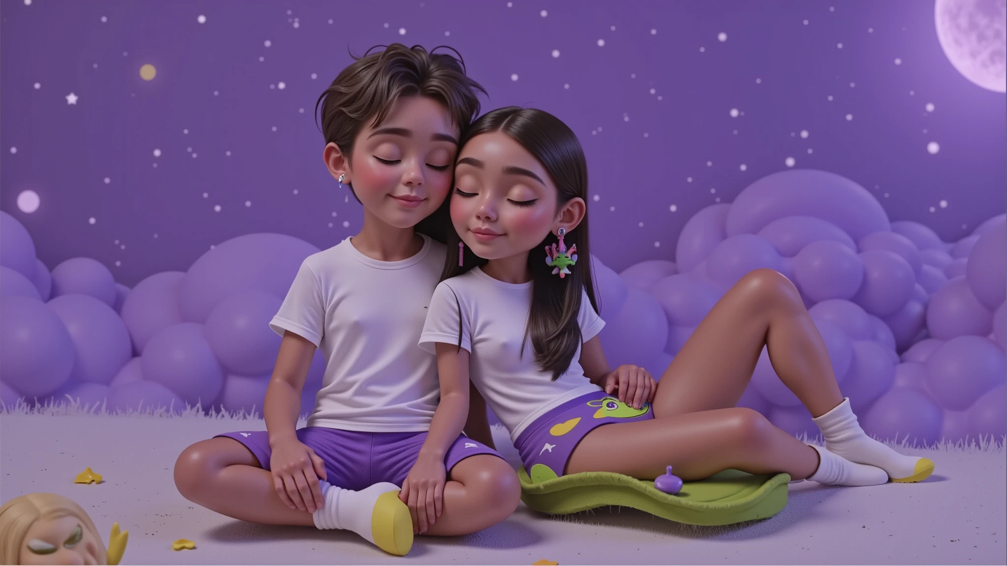 REFERENCE: DISNEY PIXAR 3D

CHARACTERS: BOY, , LIGHT BROWN, HAIR CUT SHORT ON THE SIDES AND CURLY ON TOP, WEARS A WHITE TSHIRT AND PURPLE PAJAMA PANTS WITH YELLOW ALIENS AND WHITE SOCKS, SLEEPING WITH HIS EYES CLOSED AND A SLIGHT SMILE. GIRL, , SLEEPING WITH HER EYES CLOSED, BEAUTIFUL, SENSUAL, ATTRACTIVE, BRAZILIAN INDIAN, LIGHT BROWN SKIN, LONG STRAIGHT BLACK HAIR, WEARING A COLORFUL SKIN AS AN EARRING, A WHITE TSHIRT AND A SHORT PURPLE SHORT WITH A YELLOW ALIENS THEME, VERY SHORT AND WHITE SOCKS.

SETTING: A SKY WITH STARS AND SHOOTING STARS with small details in lilac purple and blue

SCENE: THE COUPLE IS SITTING ON A WANING MOON, A PLAYFUL AND POETIC SCENE, AS IF IT WERE A DREAM, SHE LEAN HER HEAD ON THE BOY'S SHOULDER, THE BOY LEAN HIS HEAD ON HER HEAD.