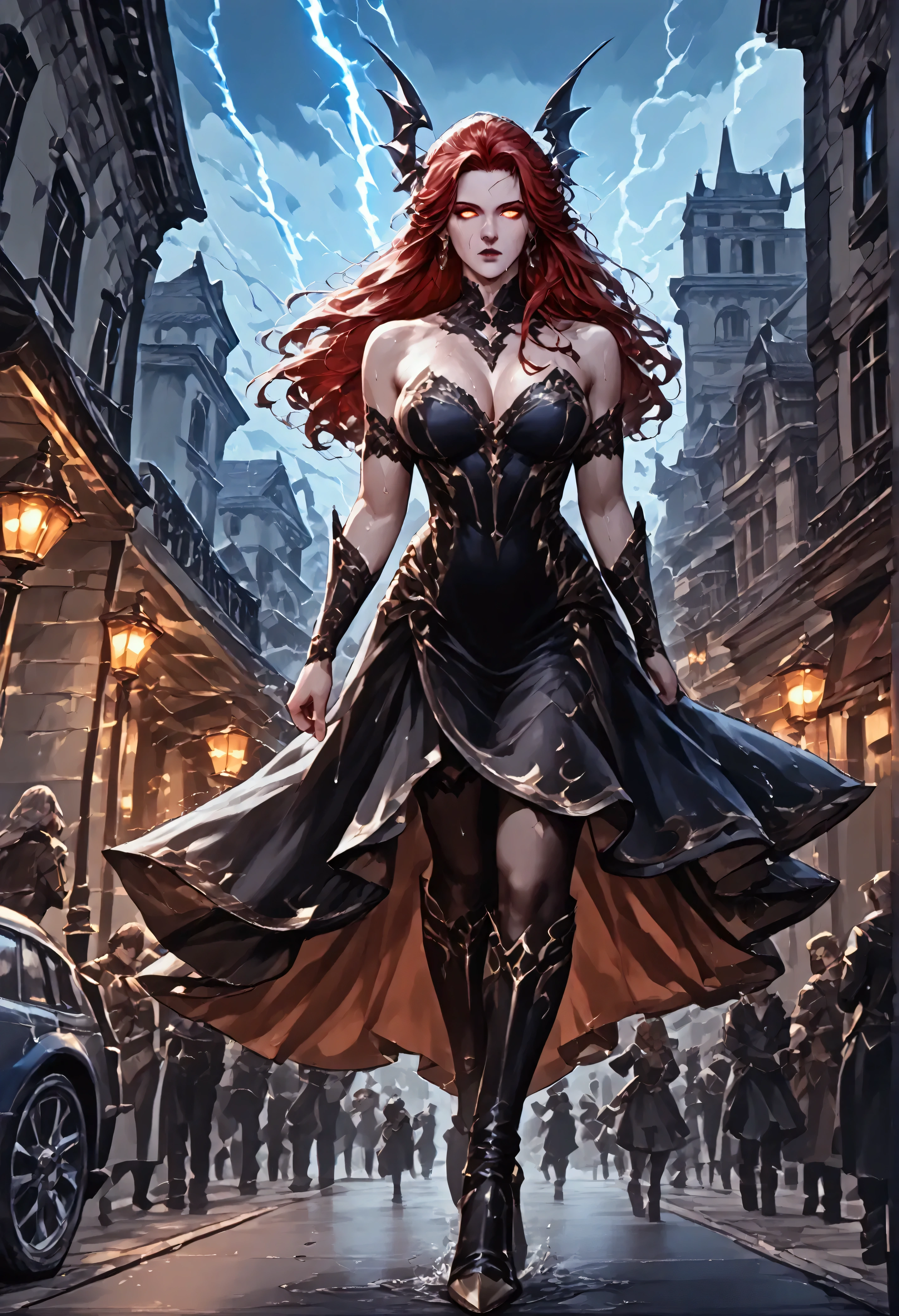 score_9, score_8_up, score_7_up, score_6_up, score_5_up, score_4_up, a comic art picture a beautiful mature female vampire walking in the street at night,  wearing red and black dress, intricate dress, high heel boots, dynamic hair color, glowing eyes, wet face, wet hair, it is night time, storm clouds, heavy rain, lightning in the sky, best quality, highres,16k, (ultra detailed:1.3), masterpiece, best quality, (extremely detailed), ultra wide shot, photorealistic, RAW, fantasy art, dnd art, fantasy art, realistic art,((best quality)), ((masterpiece)), (detailed: 1.5)