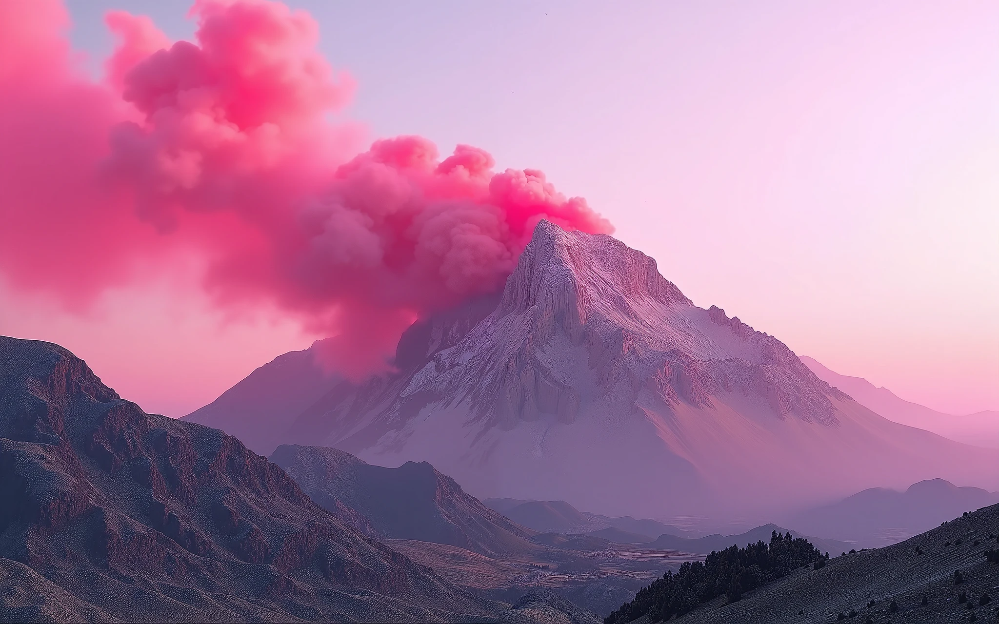 Can you generate an image with red clouds and a red sky in the background and mark it in big >