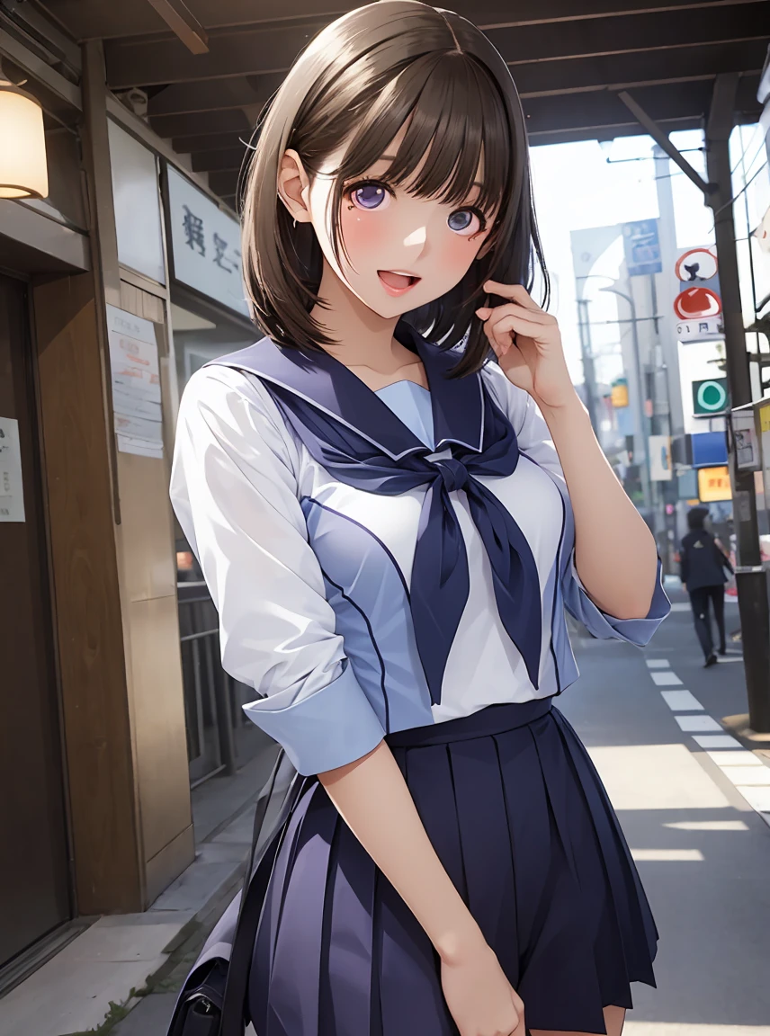    Down High Definition   ,In 8K, best quality,   Details, semi-realistic anime ,3D Anime Style,  and a smooth animated CG  ,  mischievous girl ,   wearing a shirt , slim,modeling, (( 19-year-old Japanese woman with semi-long cheeks  )), Beautiful brown hair,   Detailsな顔,Beautiful and   Details,  skin growth   ,((   dark blue-purple sparkling eyes  )),(  small breasts),(((  open your mouth ))),(smile),  sailor suit ,Shibuya Dusk  、  cowboy shooting alone