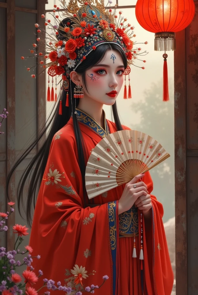 Seen from the window， in a Chinese red opera costume、Beautiful flower demon wearing a crown,  Chinese horror，tassel，Female performer ，Zigzoku，Folding fan，The scary Chinese Yuan Festival，Halloween，old and dilapidated red lantern，Body movements，Motion blur remnants，Will-O-Wisp