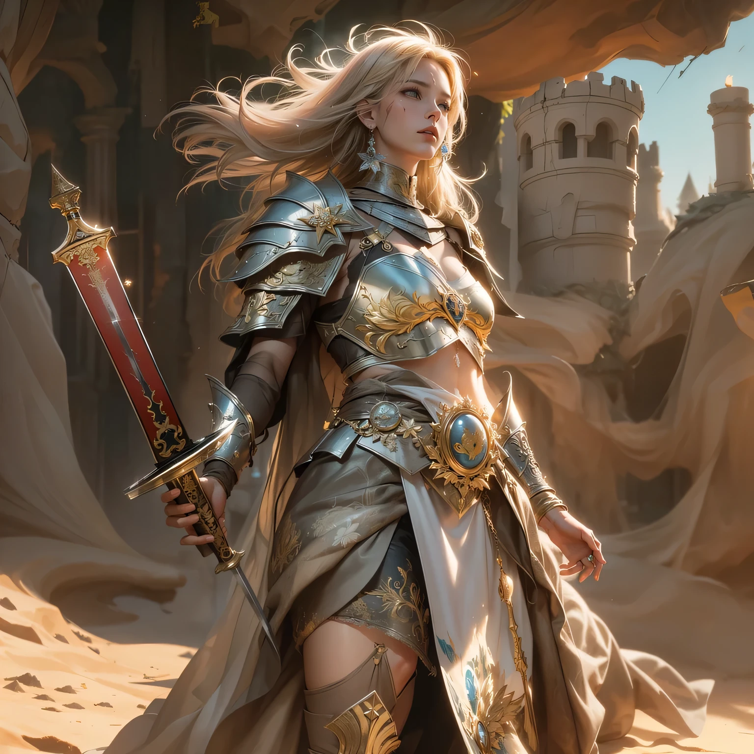 digital art, (full body shot), 25-year-old female, blond hair, high cheekbones, strong jawline, ((tall)), ((Perfect Body)), (shapely body), (long legs), grey irises, ((Savage Barbarian armor)), correct anatomy, high nose bridge, celestial nose, Sigrid Agren, art by Artgerm and Alphonse Mucha, Fantasy epic,(wild lands landscape background), ((daytime)). masterpiece, best quality, high resolution, intricate.