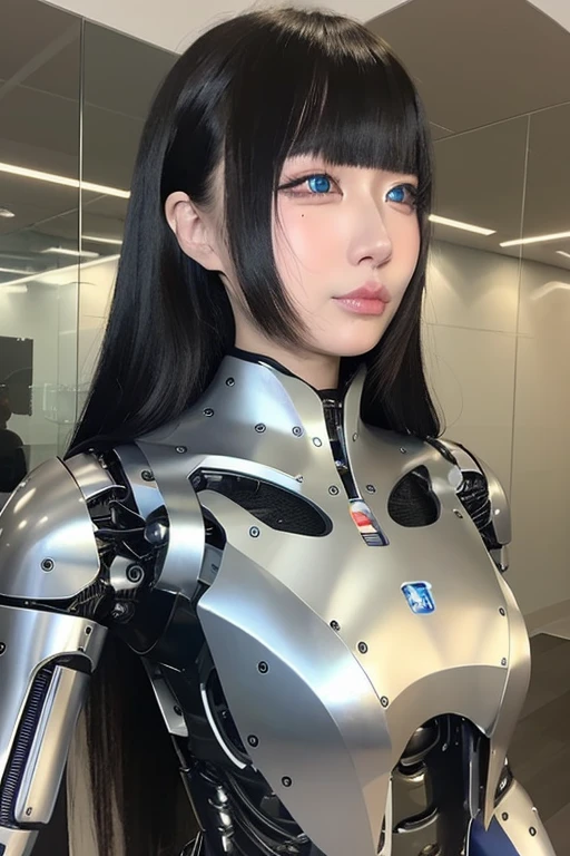 masterpiece, best quality, extremely detailed,  Japaese android girl,Plump , control panels,android,Droid,Mechanical Hand, Robot arms and legs, Black Robot Parts,Black hair,Mechanical body,Blunt bangs,White robotics parts,perfect robot girl,future information counter,reception,long tube,thick cable connected her neck,ceramic body ,mechanical body,mechanical costume,android,robot,humanoid,cyborg,information office,japanese android receptionist ,mechanical chest,blue eyes,office-lady