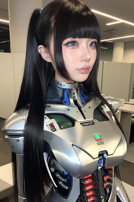 masterpiece, best quality, extremely detailed,  Japaese android girl,Plump , control panels,android,Droid,Mechanical Hand, Robot arms and legs, Black Robot Parts,Black hair,Mechanical body,Blunt bangs,White robotics parts,perfect robot girl,future information counter,reception,long tube,thick cable connected her neck,ceramic body ,mechanical body,mechanical costume,android,robot,humanoid,cyborg,information office,japanese android receptionist ,mechanical chest,blue eyes,office-lady