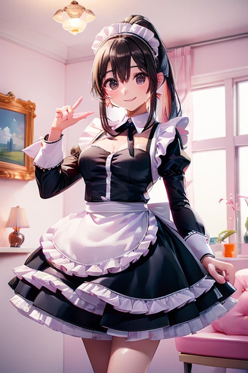 Takane Manaka、  shiny brown long hair、  ribbon ponytail、  beautiful brown eyes  、smile、Sparkling Eyes, (fine grain)、  high definition eyes 、  Highly Detailed Face in Light Blue Underwear,  high definition eyes , masterpiece,  best quality,  high definition , (  best quality,masterpiece:1.2),Alone,Alone、  cowboy shot、nsfw, ( Beautiful maid staring at you with a happy expression :1.5)、 Black dress with a black apron 、Apron frill and ribbon design、 Sleeves and apron are designed with lace and chiffon.、Ribbons and head accessories、Add ribbons to your dress or apron, Or match it with a ribbon hair accessory.、 Luxuriously decorated high ceiling living room 、A painting room decorated with paintings, Sculptures and other works of art、 I'm going to do a very beautiful 