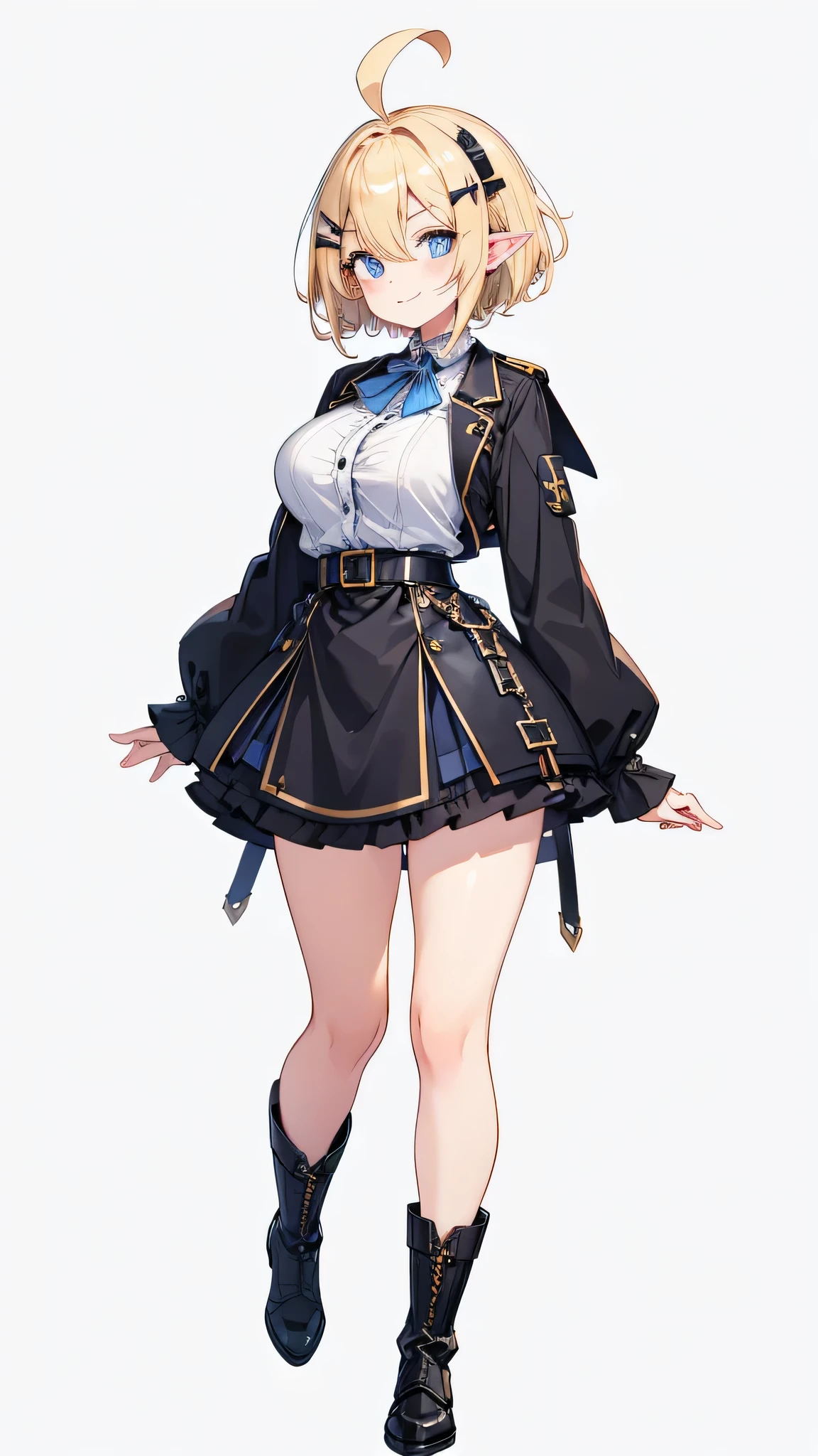 masterpiece,  best quality,((Full-body portrait of an adult woman standing upright)),((Tall)) ((detailed blue eyes )), (( blonde short hair,Ahoge)), Big Breasts,(((black large barrette ))),Elf, black knee socks , black boots ,black military costume,Black coat, Black Ruffle Skirt ,(( no background )),Droopy eyes,thin straight eyebrows,thick waist gun belt , white skin, looking at me,A cheerful smile,Diagonal side view