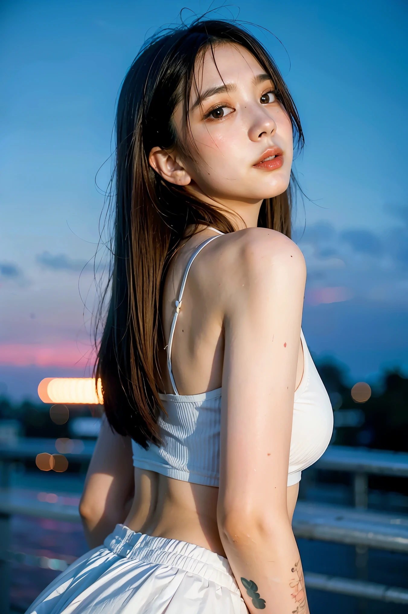 Wear a surprise_woman_cosplay_set of clothes, In front of the sky., 
good hand,4k, high resolution, Masterpiece, best quality, head:1.3,((Hasselblad Photography)), Exquisitely detailed skin, Sharp focus, (movie light), nighttime, soft light, Dynamic angle, [:(detailed face:1.2):0.2], Medium bust, outside,