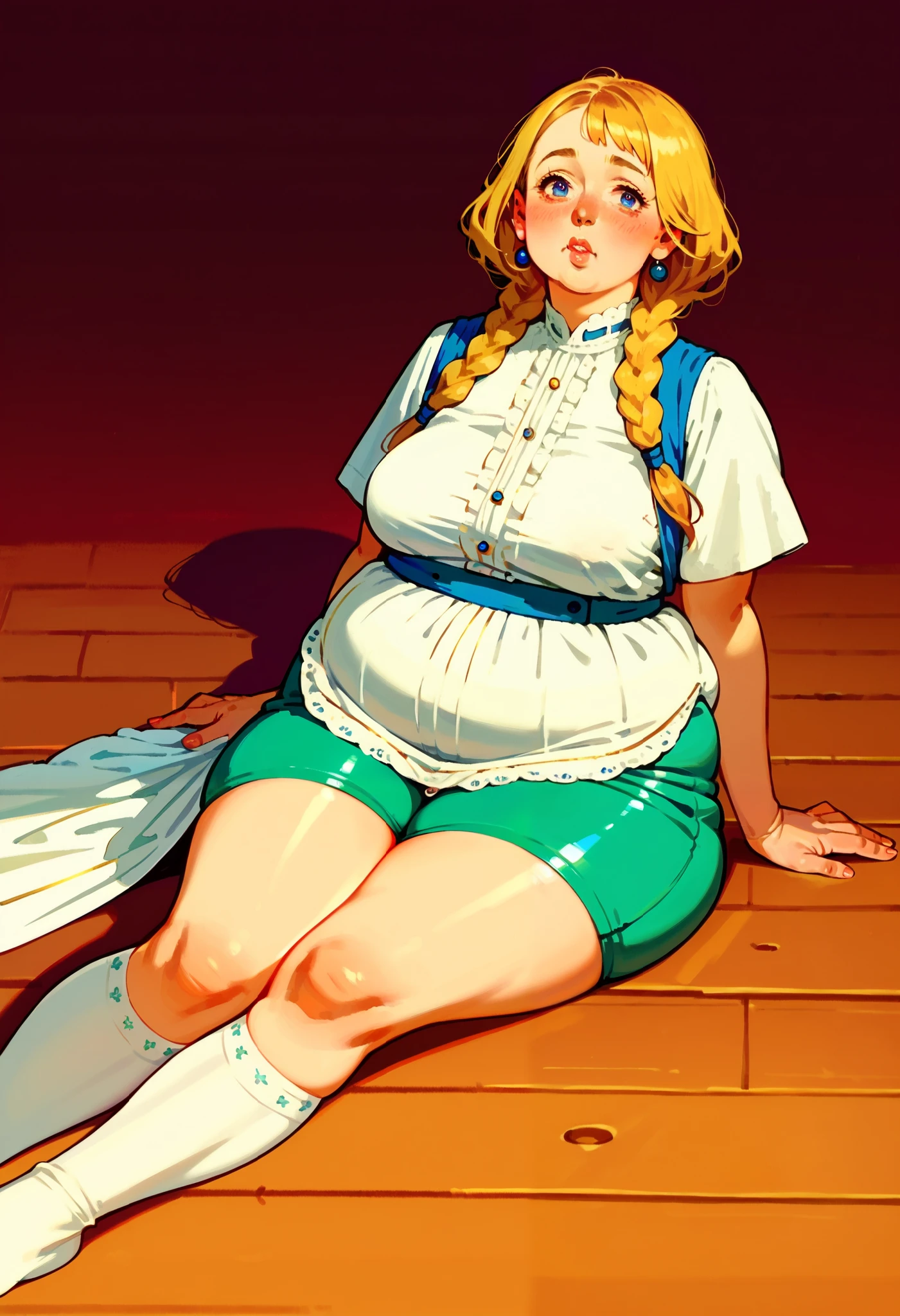 (skinny girl:1.2), (long elegant face:1.4), (large nose:1.2), (very detailed face expression:1.2), blonde braids, small head, white vest, green compression shorts, at a wooden cozy mansion, narrow hips, tight thigh high socks, large puffy lips, blushing cheeks , saggy breasts,  small (belly_overhang:0.9), bare feet, (art by norman rockwell), (chubby lovehandles:1.2)