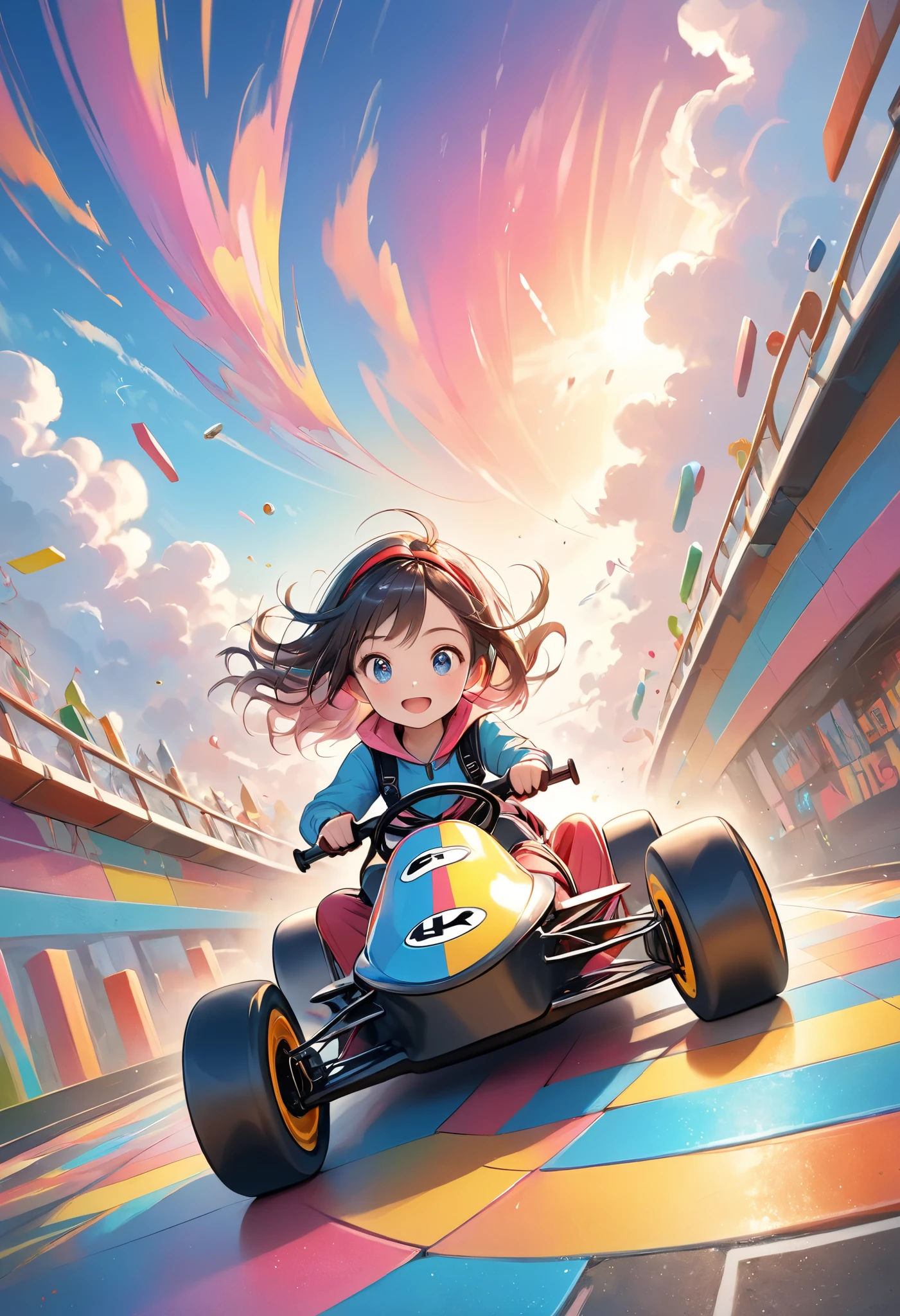 masterpiece, best quality, 8k, highres, ultra-detailed, HDR, UHD, ultra-fine painting, chalk art style, ground-level perspective, ch,pop artsquare-tiled circuit track, curved and dynamic layout, floating mid-air, vibrant and whimsical colors, soft chalk textures, glowing highlights on track edges, go-kart falling off a bridge, dramatic and playful action shot, detailed chalk shading, colorful sky filled with clouds and faint chalk outlines of floating tracks, dynamic and energetic composition, handmade and textured aesthetic