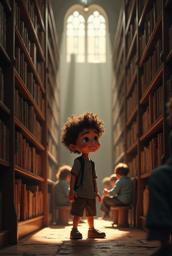 Cena 1:  Curly haired boy entering a library  *

 - Entering a library , looking curious.
- Background : High shelves  ,  with lots of books and some people in the background  !  With low and warm lighting 
For YouTube videos 