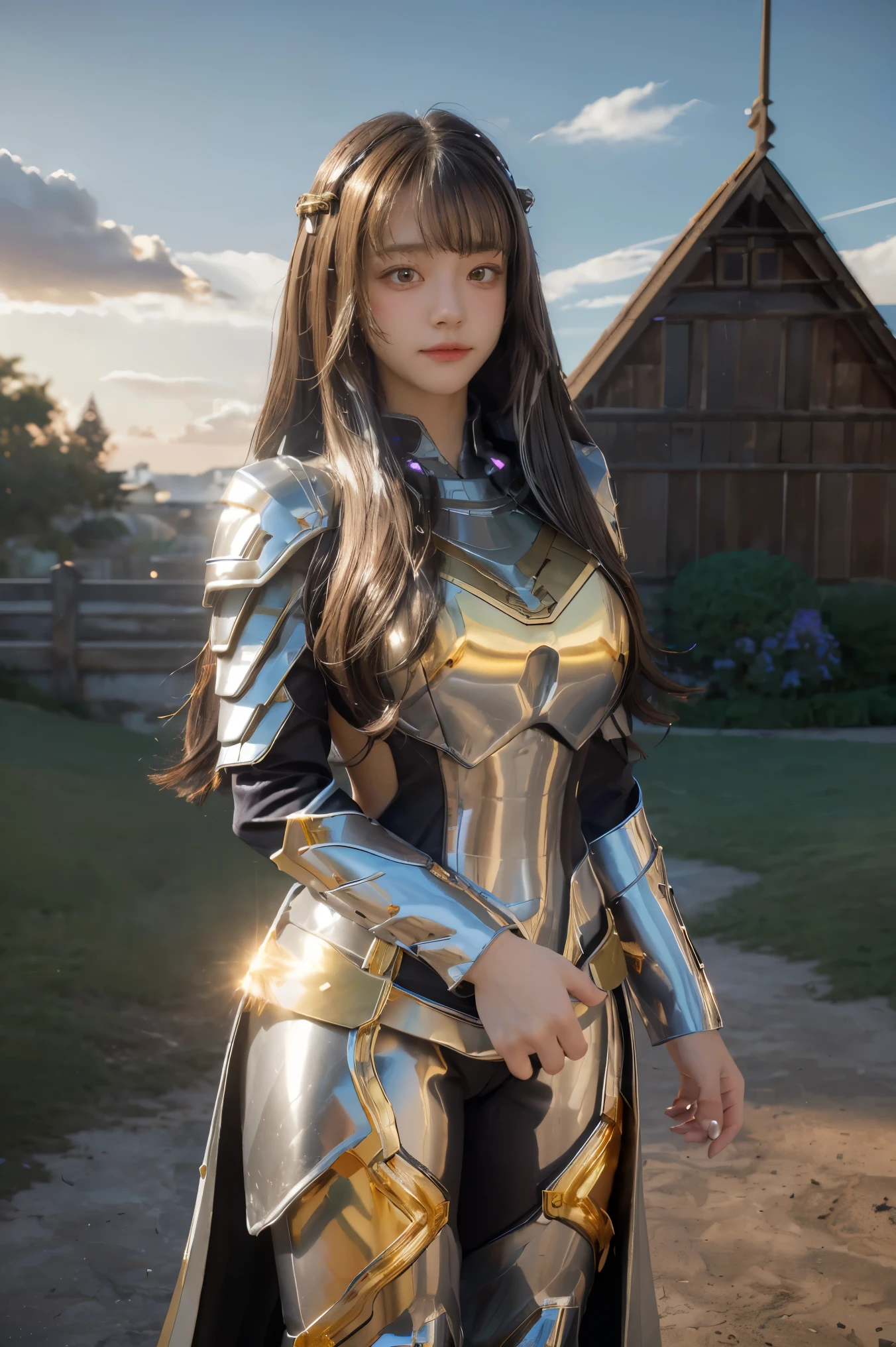 ((masterpiece, best quality, extremely detailed), volumetric lighting, ambient occlusion, colorful, glowing), 1girl, solo, young girl, (dark hair), long hair, halo, aura, sacred, goddess, cleric suit, (silver outfit with gold detailst:1.3), armor, outdoors, sunset, sky, clouds, space, (fantasy theme:1.2),