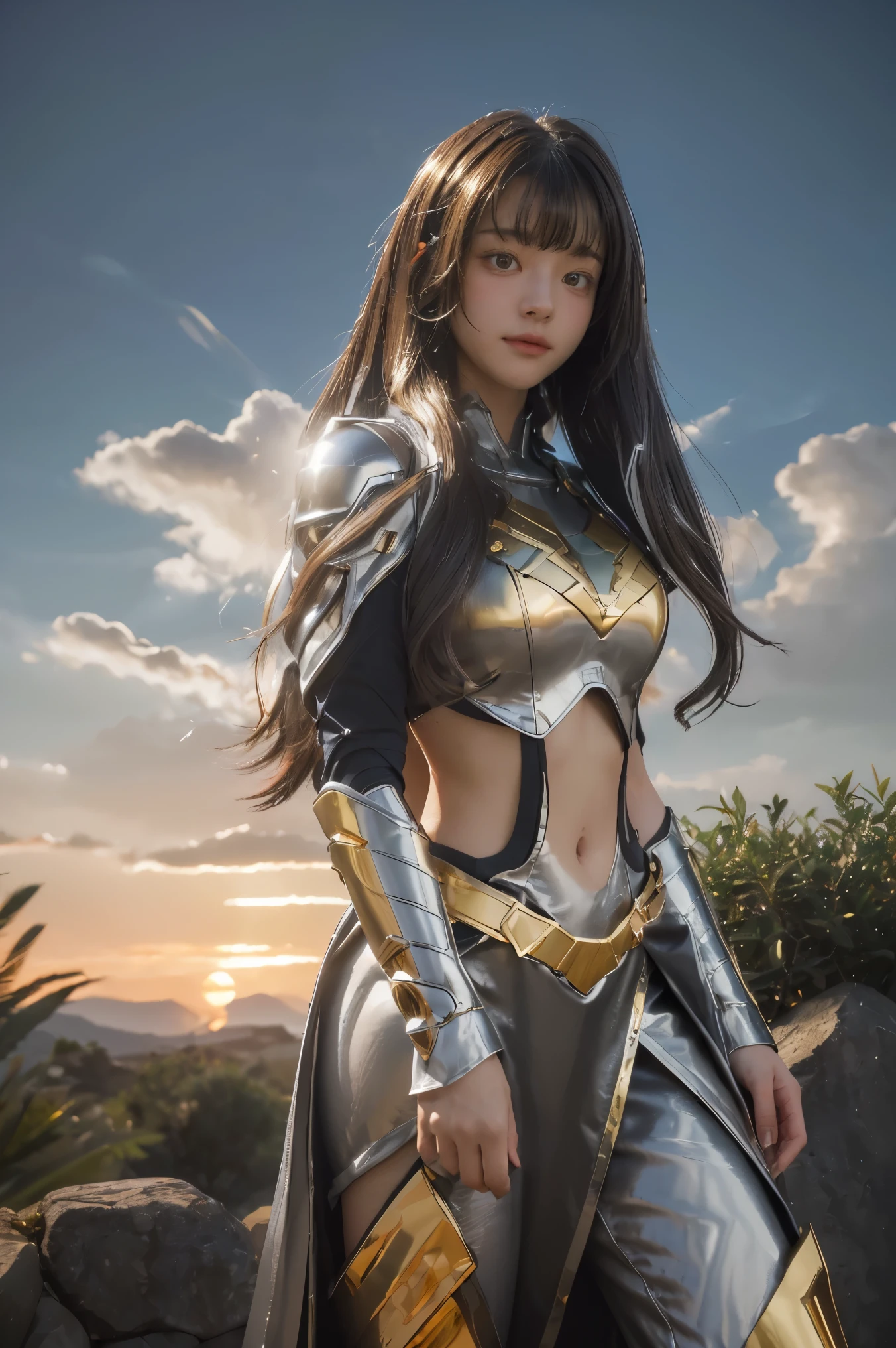 ((masterpiece, best quality, extremely detailed), volumetric lighting, ambient occlusion, colorful, glowing), 1girl, solo, young girl, (dark hair), long hair, halo, aura, sacred, goddess, cleric suit, (silver outfit with gold detailst:1.3), armor, outdoors, sunset, sky, clouds, space, (fantasy theme:1.2),