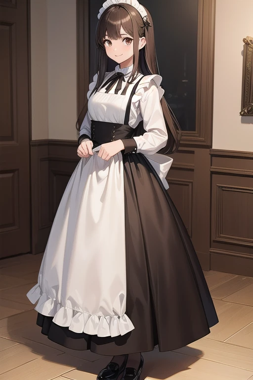 masterpiece、 best quality、beautiful、Fine Lines、 girl、 brown hair、 long hair、 Brown Eyes 、smile、Pale lips、black maid clothes、 Long Skirt、white maid apron、Frills、 black pantyhose 、living、Maid standing、How to stand a model neatly、