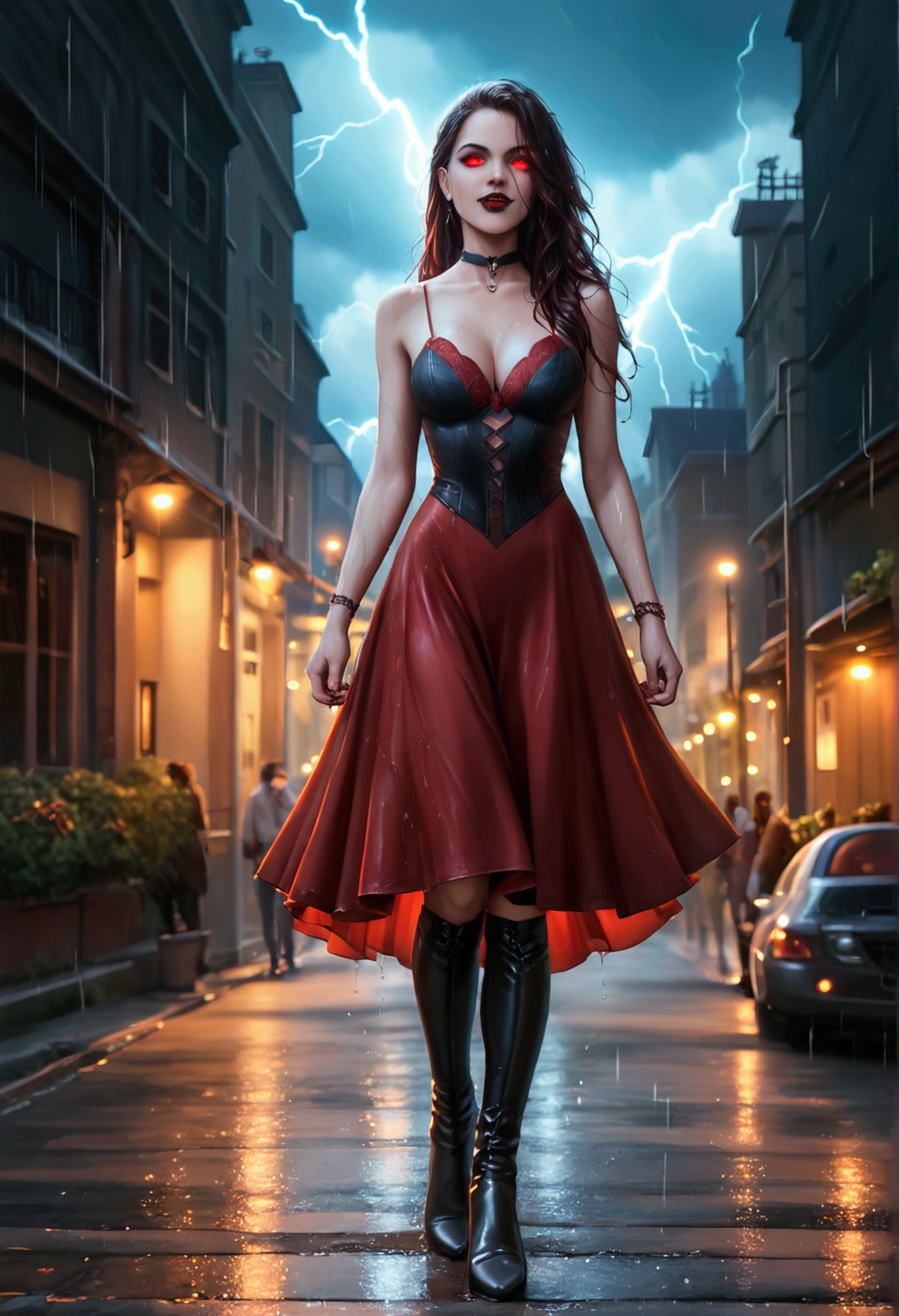 score_9, score_8_up, score_7_up, score_6_up, score_5_up, score_4_up, a comic art picture a beautiful mature female vampire walking in the street at night,  wearing red and black dress, vampire fangs, intricate dress, high heel boots, dynamic hair color, glowing eyes, wet face, wet hair, it is night time, storm clouds, heavy rain, lightning in the sky, best quality, highres,16k, (ultra detailed:1.3), masterpiece, best quality, (extremely detailed), ultra wide shot, photorealistic, RAW, fantasy art, dnd art, fantasy art, realistic art,((best quality)), ((masterpiece)), (detailed: 1.5)