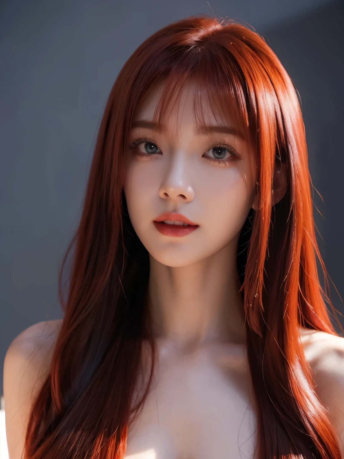 realistic, high resolution, 8k wallpapers, Complete dynamic configuration, Seoul City Background, beautiful detailed eyes, normal sized eyes, long straight hair, red hair vibrant lips, big bust, Random and plain generic poses, random case, sexy costumes, light smile, tits and pussy, Pink nipples are exposed, 40 year old woman, Korean woman, (drooping eyes 1.2), (sagging eyebrows 1.2), very beautiful appearance, slim body, natural makeup, Frontal photo, Photo looking up from the bottom