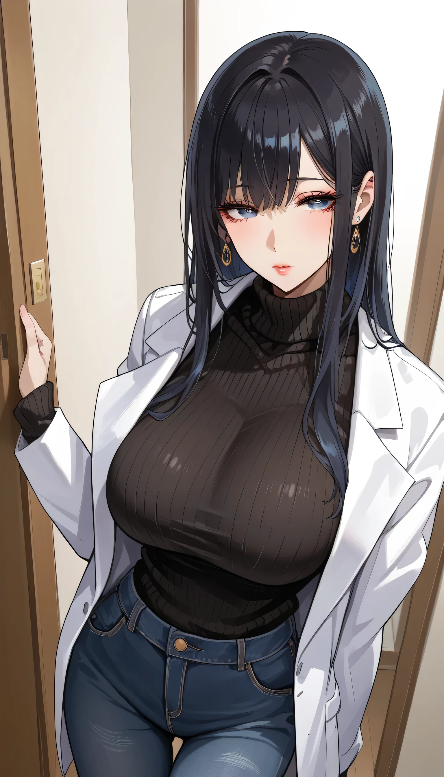  score_9,  score_8_up,  score_7_up,  source_Anime,masterpiece, best quality, BEAUTIFUL AND DETAILED EYES ,  beautiful detailed lips,  very detailed eyes and faces, long breasts, 1 female, Put on a white coat、 sweater under a white coat,  black sweater 、Black Skinny、 long pants  , Big saggy breasts, shockingly  Big Breasts ,  Big Breasts , room,  No Emotion 、 zitales,  taken from above、バストup、makeup、 no makeup、 black hair、 long hair、 zitales、A tired face、Sleepy face