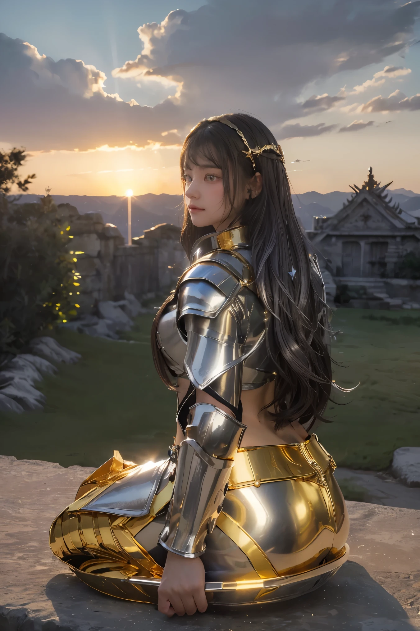 ((masterpiece, best quality, extremely detailed), volumetric lighting, ambient occlusion, colorful, glowing), 1girl, solo, young girl, (dark hair), long hair, halo, aura, sacred, goddess, cleric suit, (silver outfit with gold detailst:1.3), armor, outdoors, sunset, sky, clouds, space, (fantasy theme:1.2),