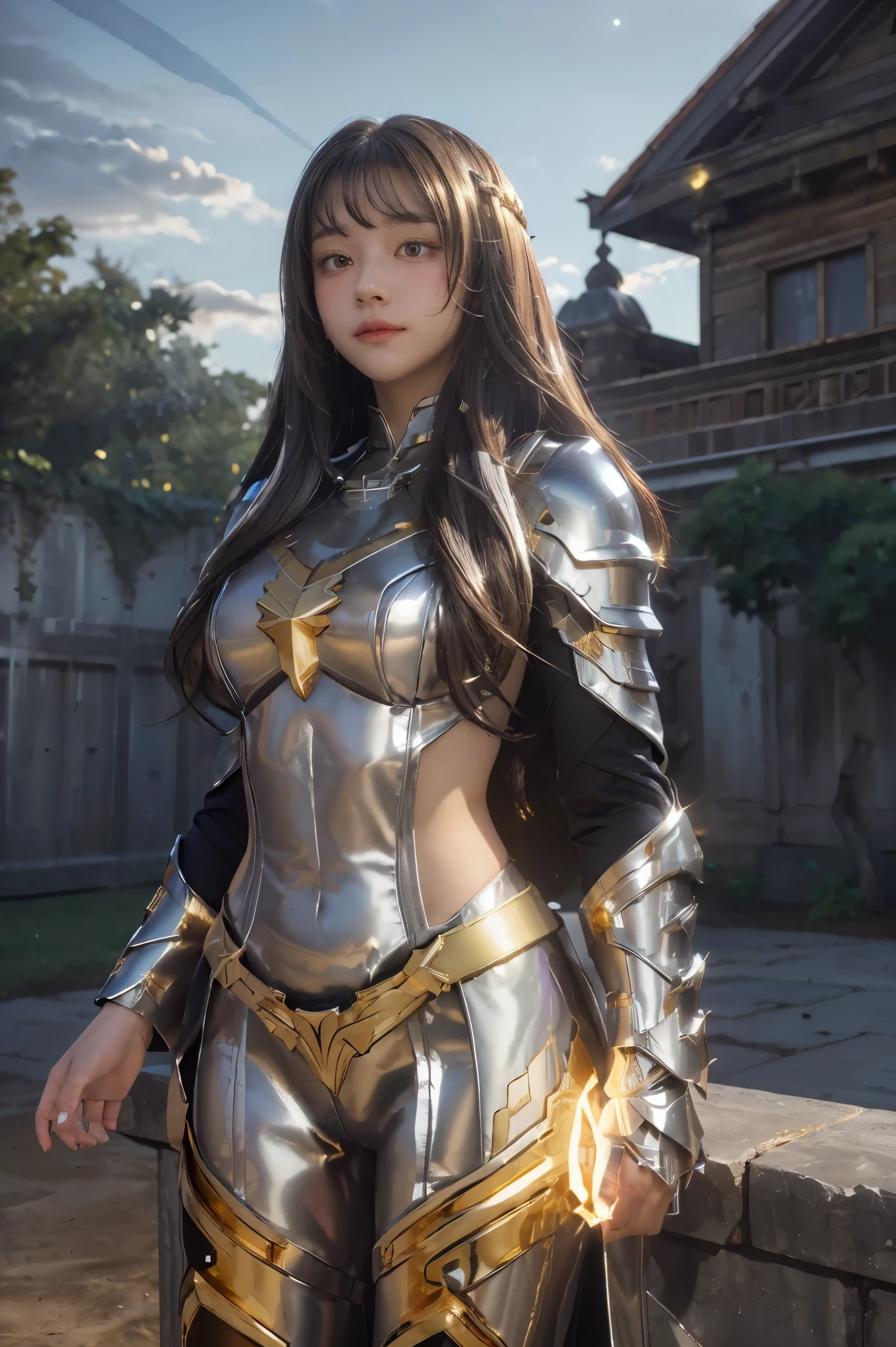 ((masterpiece, best quality, extremely detailed), volumetric lighting, ambient occlusion, colorful, glowing), 1girl, solo, young girl, (dark hair), long hair, halo, aura, sacred, goddess, cleric suit, (silver outfit with gold detailst:1.3), armor, outdoors, sunset, sky, clouds, space, (fantasy theme:1.2),