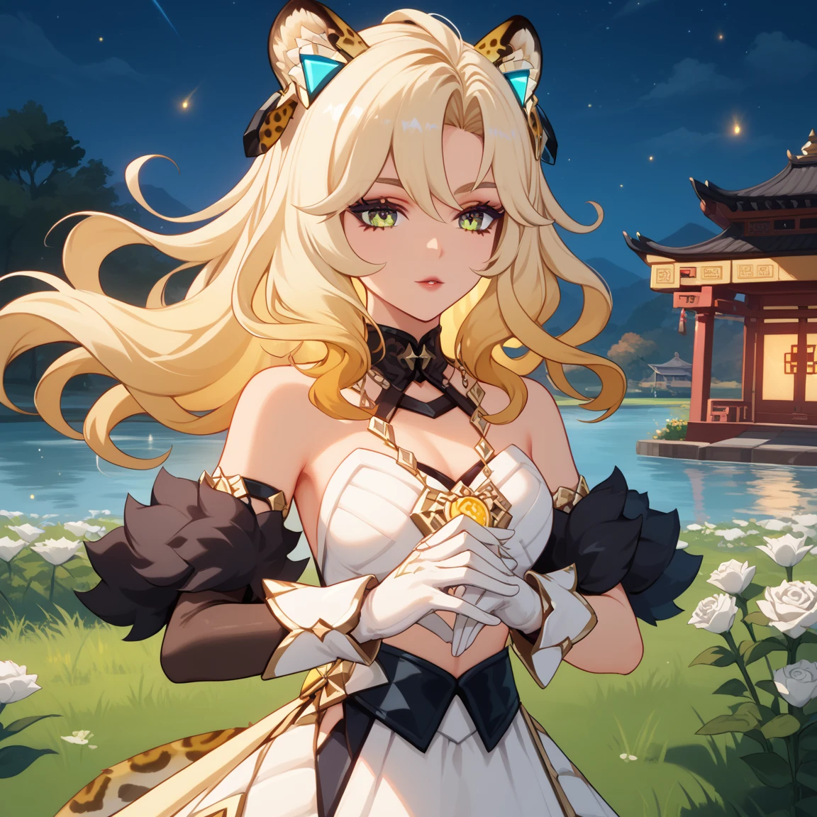 1girl, dress, jewelry, blonde hair, flowing hair, long hair, solo, white roses, jaguar ears, jaguar tail, firefly, oriental architecture, Chinese maid dress, yellow laces, white boots, gold details on her clothes, night, lake on the background, seat on the grass, a garden scenery, white roses, flowers, upper body workout, more details, perfectly body, perfectly hands, two hands, two legs, two arms, five fingers, glowing hair, best quality, gloves, white gloves, choker, detached sleeves, magical girl, white dress, strapless, skirt with layers, frills