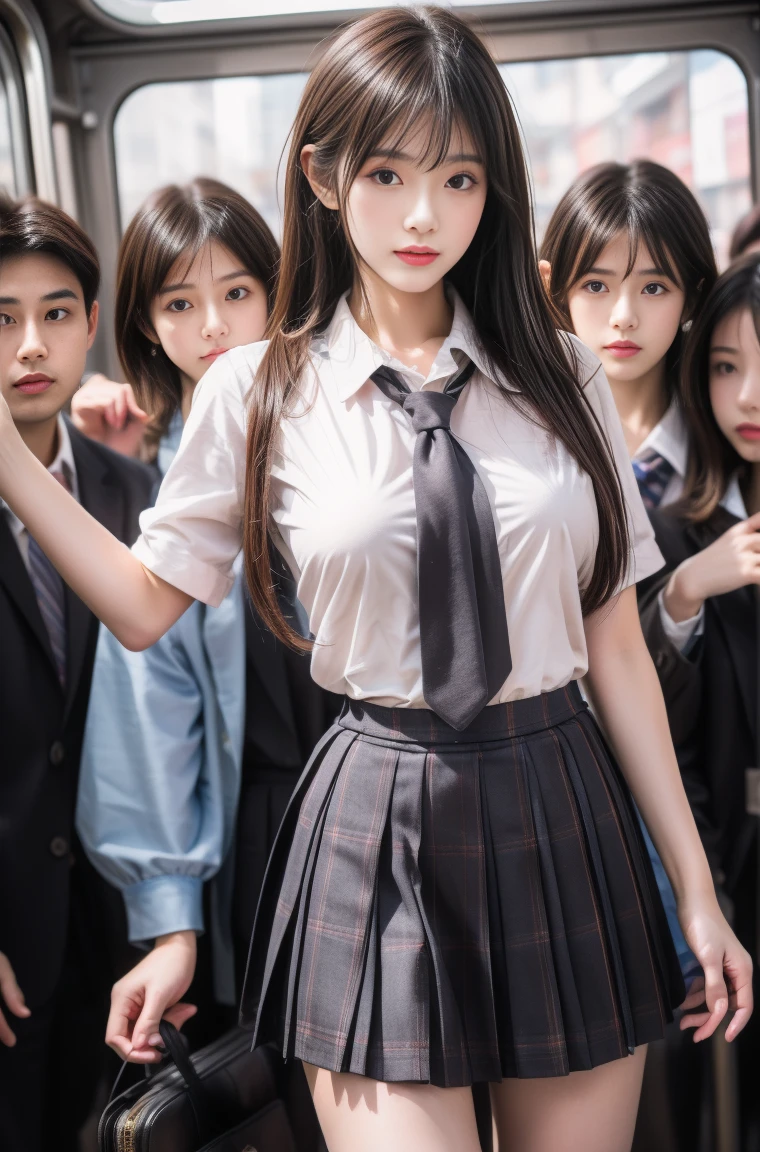 (molestation:1.8) japanese woman, beautiful breasts, (white school shirt,red necktie, plaid pattern school skirt, darkbrown hair,japanese school uniform),tits grab, in the train, Multiple men around her grab her tits, tits grab, masterpiece, highest quality, very detailed, molestation, crowd of men, very realistic face, very realistic eyes, crowd of men around her, grabs  thighs, molestation, masterpiece, highest quality, very detailed, 1 girl, multiple hands, Grab ass with the crazy crowd, Chest grab, the men around her, squeezed body, Many people grab their tits, very wet and sweaty, grab clothes, (There are no women in the crowd), man with necktie, very realistic japanese  face,14 oool bag, pinch nipples, Don't look at the camera, (​masterpiece:1.3), (8k, Photorealistic, Raw photography, Top image quality: 1.4), Japan high school girls、(Random hairstyles:1.2)、cleavage of the breast:1.2、Super Detail Face、Eye of Detail、 double eyelids、Bring your chest together with your arms、sharp focus:1.2、prety woman:1.4、light brown hair、top-quality、​masterpiece、超A high resolution、(Photorealistic:1.4)、very detailed and professional lighting、Breaking the generation standard, squeeze her breasts, massage her breasts,chikan,encoxada,arimmon