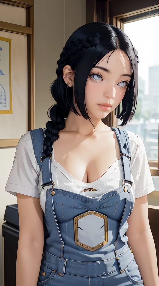 tmasterpiece， best qualityer， ultra - detailed， illustration，1girll，
long whitr hair，dark-blue hair，french braid，Purple eye，bluntbangs，cleavage，Large breasts
shirt，（jeans overalls：1.1），
mideum breasts， 
looking at viewert，hyouka/（Boruto/），Detailed lips