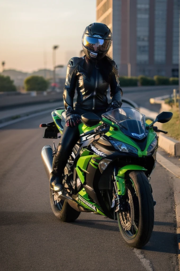 KawasakiNinja300, 1girl, sitting on bike, front view, race, epic, smoke, gold bike, solo, gloves, jacket, outdoors,bodysuit, helmet, road, street, photo background, biker clothes, bikesuit, motorcycle helmet, on motorcycle, slate atmosphere, sunset, 