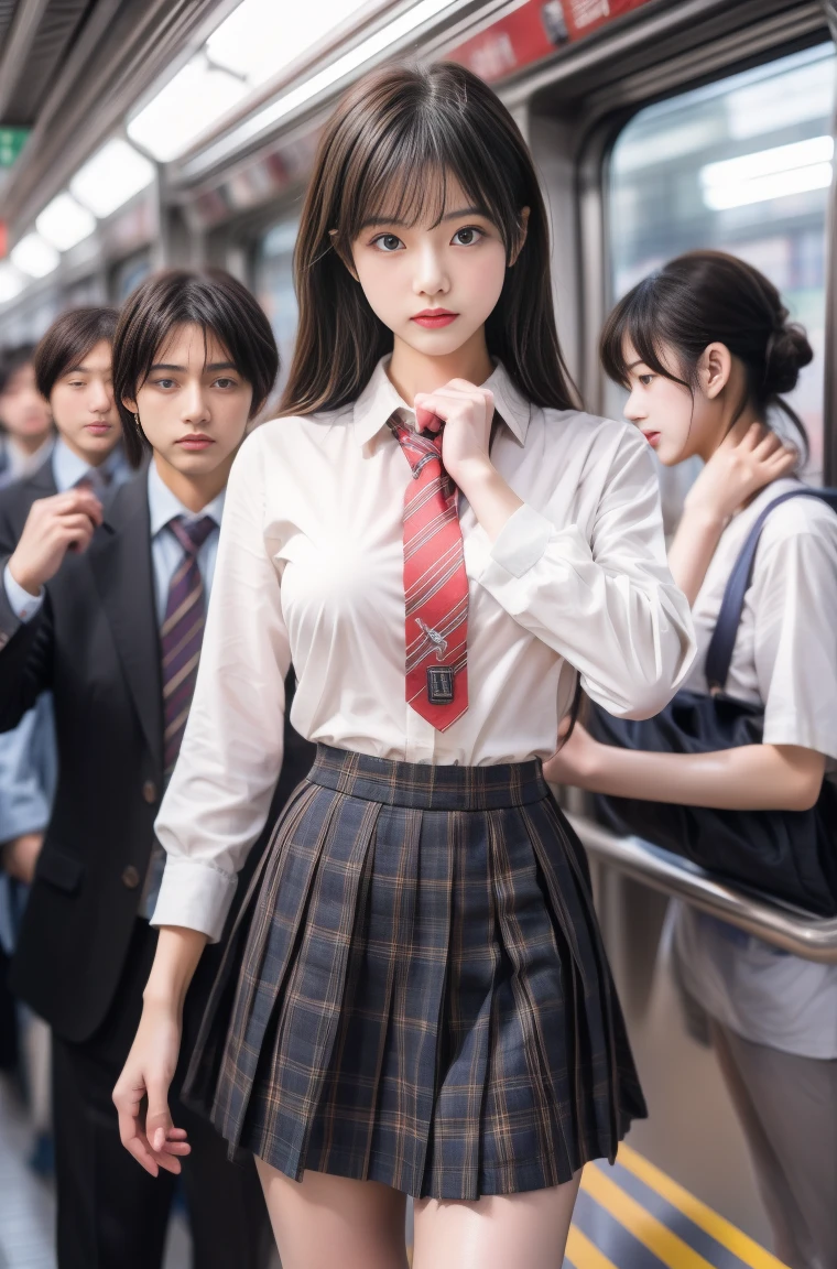 (molestation:1.8) japanese woman, beautiful breasts, (white school shirt,red necktie, plaid pattern school skirt, darkbrown hair,japanese school uniform),tits grab, in the train, Multiple men around her grab her tits, tits grab, masterpiece, highest quality, very detailed, molestation, crowd of men, very realistic face, very realistic eyes, crowd of men around her, grabs  thighs, molestation, masterpiece, highest quality, very detailed, 1 girl, multiple hands, Grab ass with the crazy crowd, Chest grab, the men around her, squeezed body, Many people grab their tits, very wet and sweaty, grab clothes, (There are no women in the crowd), man with necktie, very realistic japanese  face,14 oool bag, pinch nipples, Don't look at the camera, (​masterpiece:1.3), (8k, Photorealistic, Raw photography, Top image quality: 1.4), Japan high school girls、(Random hairstyles:1.2)、cleavage of the breast:1.2、Super Detail Face、Eye of Detail、 double eyelids、Bring your chest together with your arms、sharp focus:1.2、prety woman:1.4、light brown hair、top-quality、​masterpiece、超A high resolution、(Photorealistic:1.4)、very detailed and professional lighting、Breaking the generation standard, squeeze her breasts, massage her breasts,chikan,encoxada,arimmon