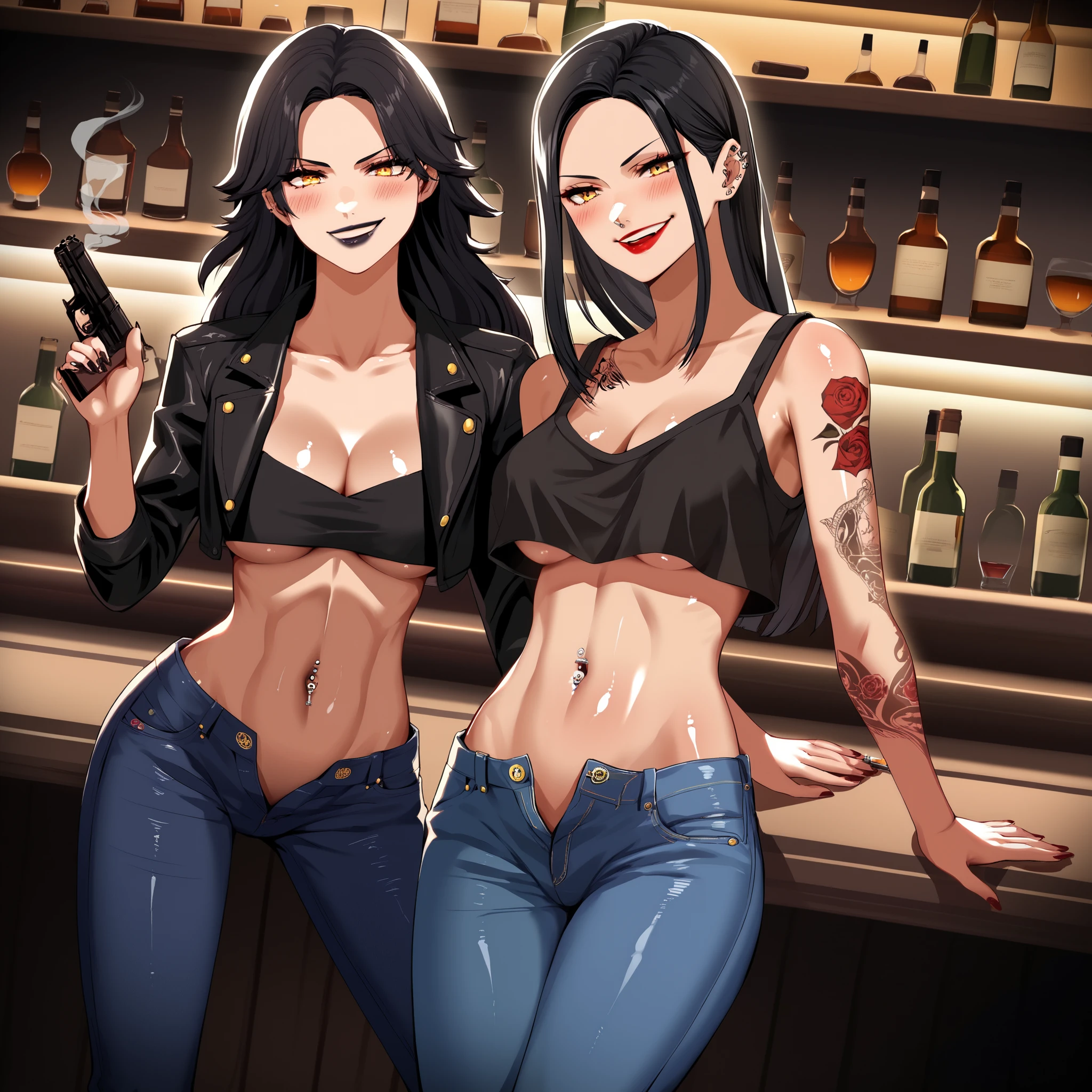 takahiro_style, 2girls, two girls, smirk, long hair, blush, lipstick, Hot girl, baddie, , smoking, sensual, attractive, bar background, inside bar, bar background, inside bar, masterpiece,high quality,4k, bare
shoulder,belly,crop top,holding pistol,cleavage, unbuttoned shirt,shirt, knot, indoor,smile, open
mouth, (nsfw) not safe for work, evil expression, exposed belly, exposed navel, exposed midriff,
exposed lower belly, crop top overhang, underboob,jacket, unbuttoned jeans , low rise black jeans,
Low rise jeans, Low rise jeans with open fly, navel piercing, tattoo, rose tattoo, tattoo midriff,  shiny skin